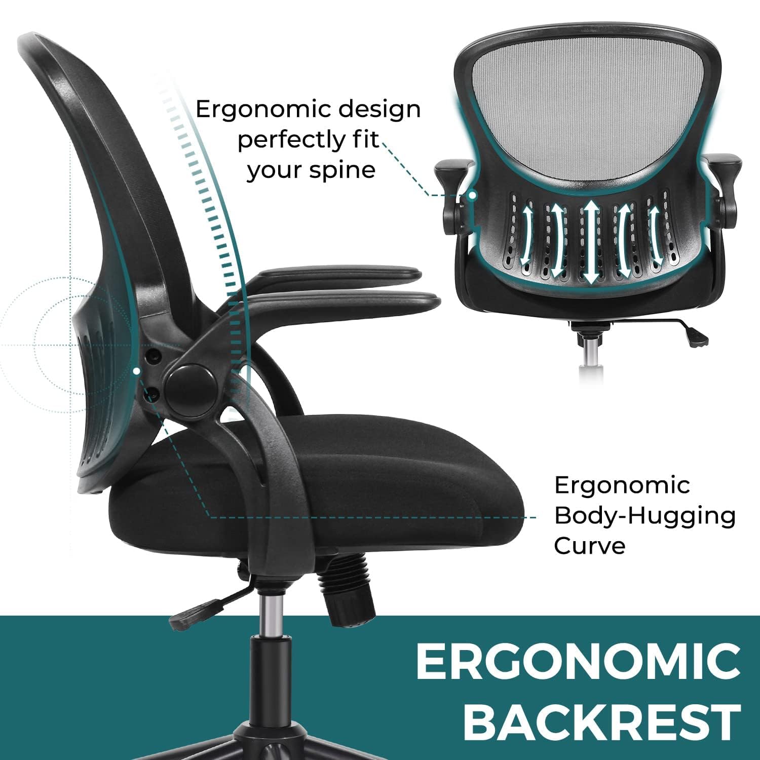 Ergonomic Mesh Office Chair with Lumbar Support - Adjustable Mid-Back Computer Gaming Desk Chair, Flip-Up Arms & Swivel Wheels - Comfortable Work Chair for Home Office, Bedroom, Study Room - Perfect for Long Hours of Work, Gaming & Online Classes (Black)
