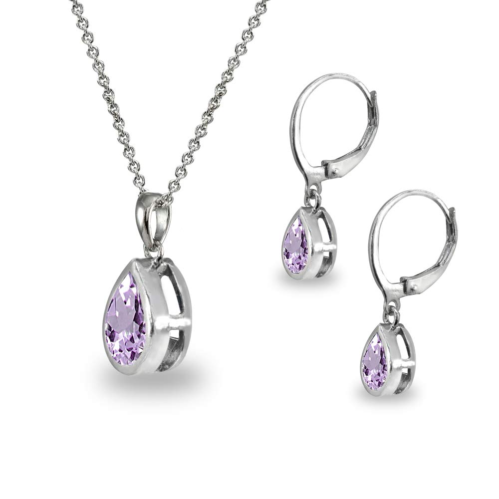 Women's Jewelry Set - Sterling Silver Necklace & Earrings with Birthstone (Genuine/Synthetic Gems) | Teardrop Bezel Pendant & Dangle Earrings | Perfect Gift for Birthday, Anniversary & Special Occasions