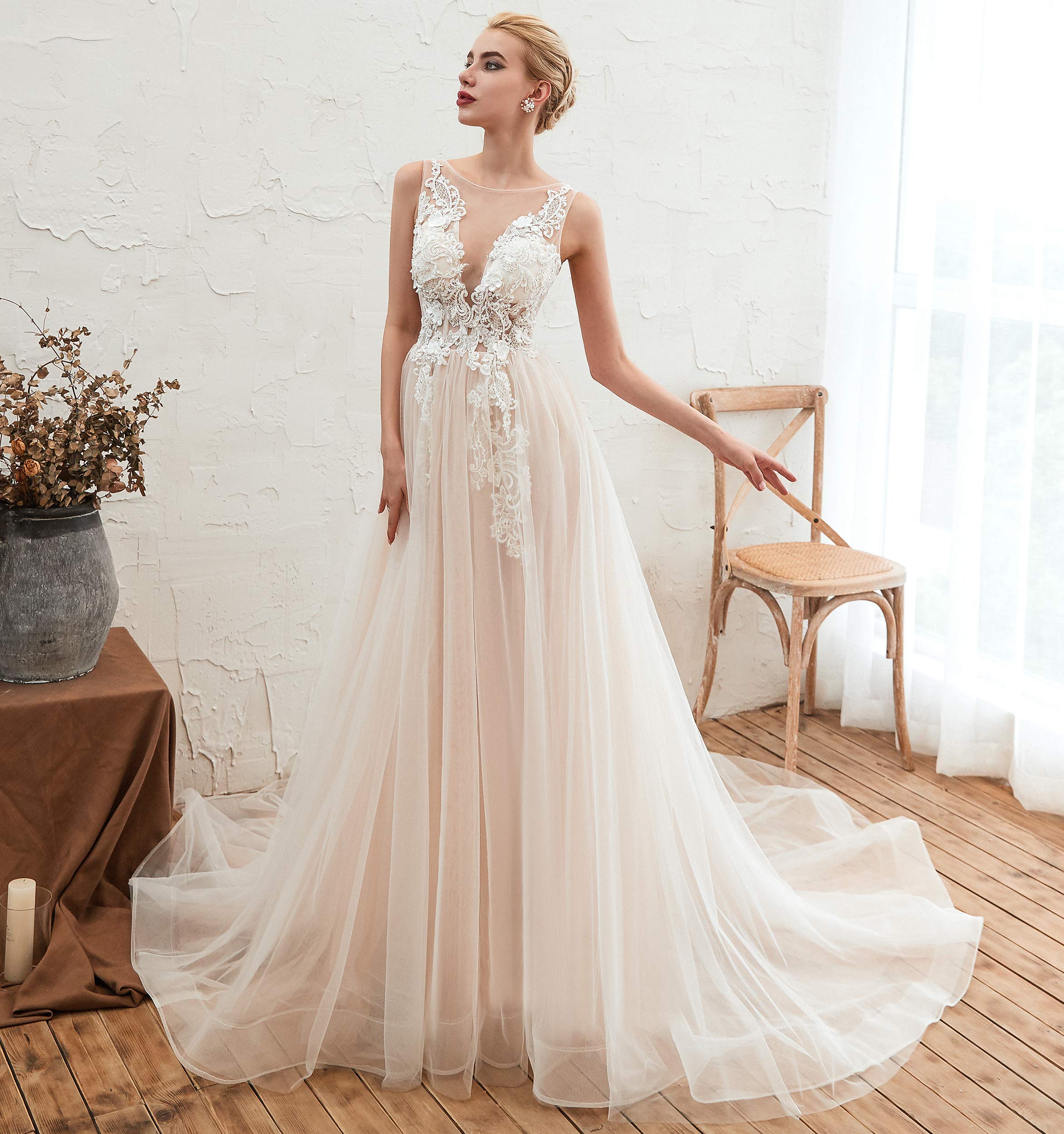Elegant Women's Scoop Neck Beaded Applique Lace-up Beach Wedding Dress | Perfect for Beach Weddings, Destination Elopements & Boho Bridal Photoshoots