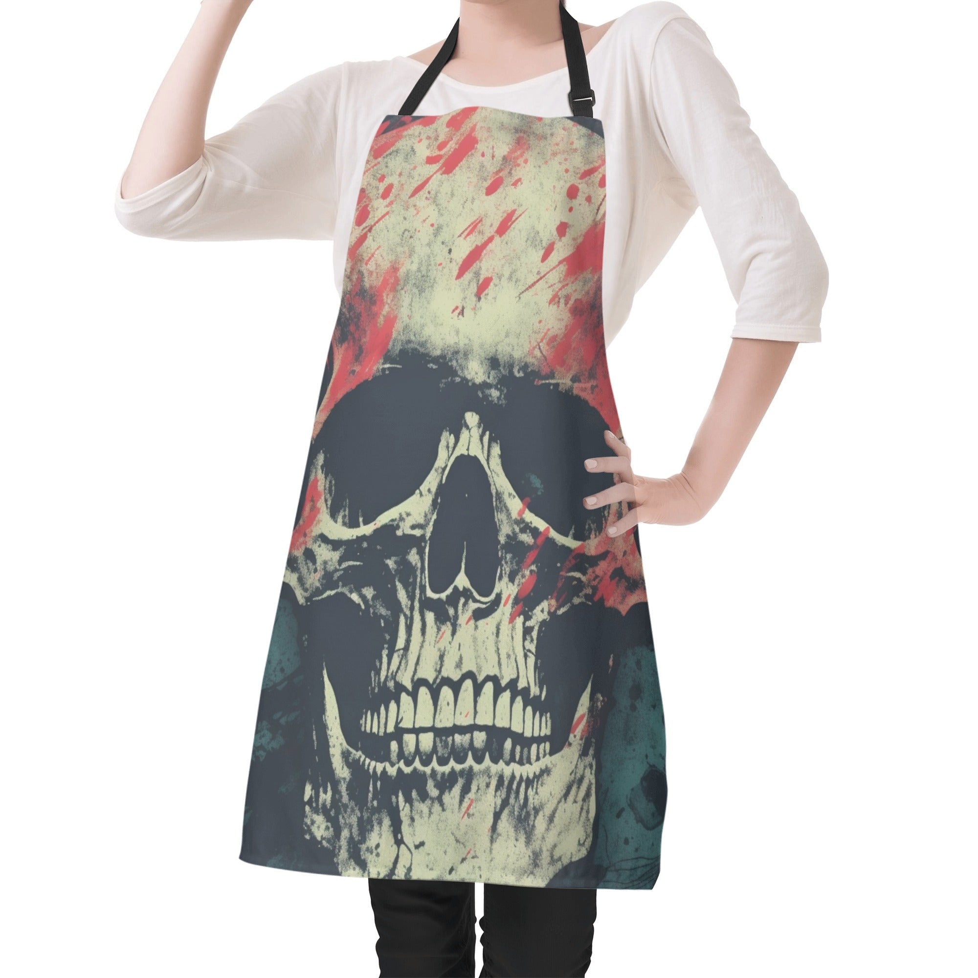 Gothic Paint Splash Skull Apron - Black & White Artistic Kitchen Apron for Cooking, Baking, Halloween Costume & Cosplay