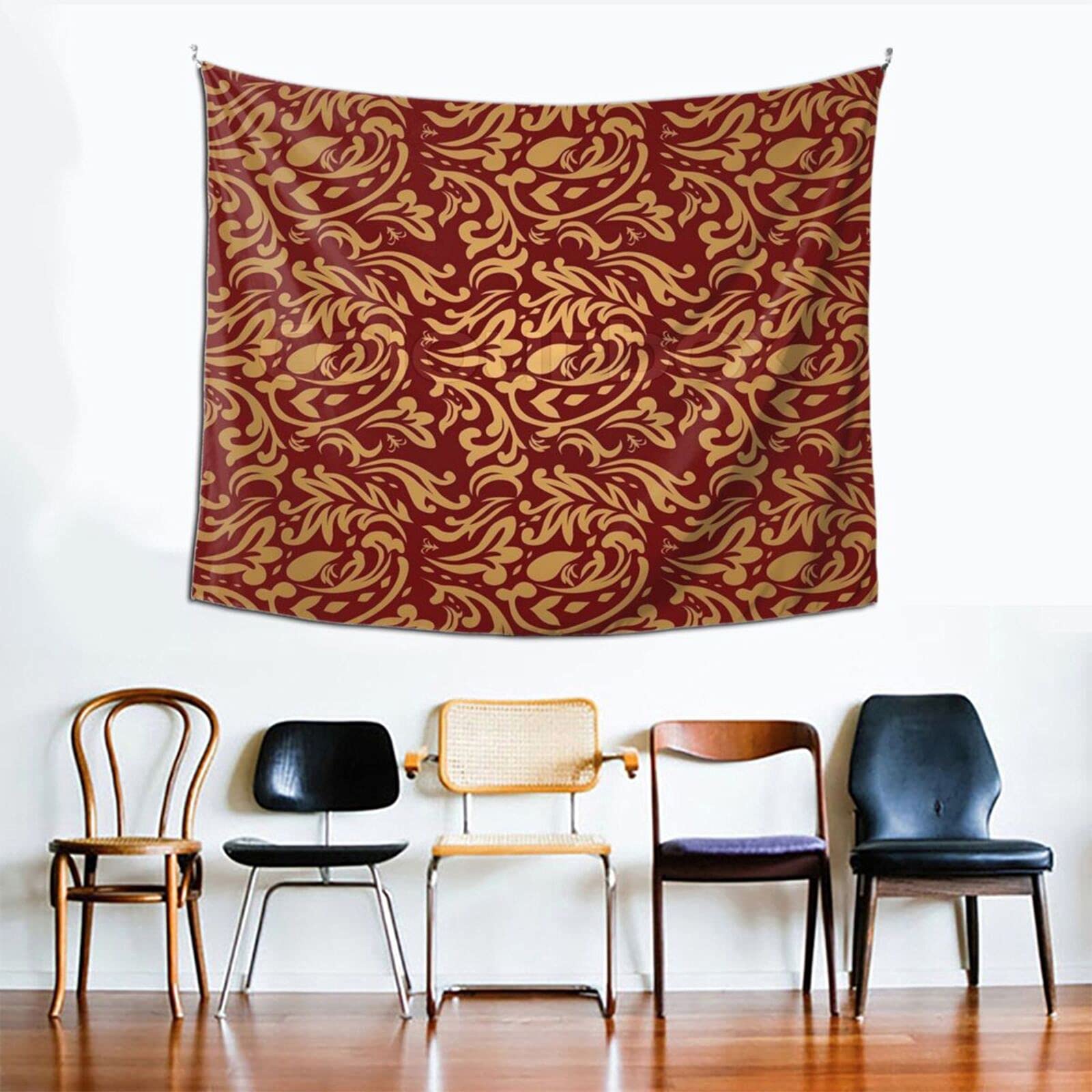 Gothic Style Maroon and Gold Damask Wall Tapestry - 60x51 Inch Bohemian Decor for Living Room, Bedroom, Dorm | Vintage Wall Hanging, Bedspread, Home Decor for Aesthetic & Cozy Spaces