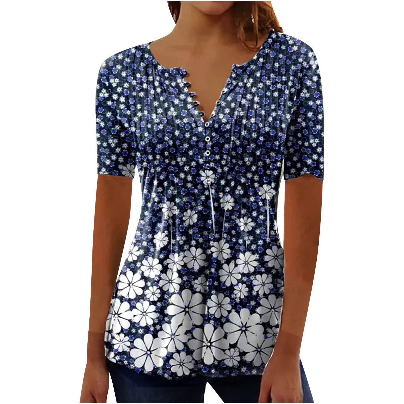 Women's Floral Print Button Down Shirt - Summer Short Sleeve V-Neck Tunic Top for Casual & Work Wear | Office, Date Night & Outdoor Events