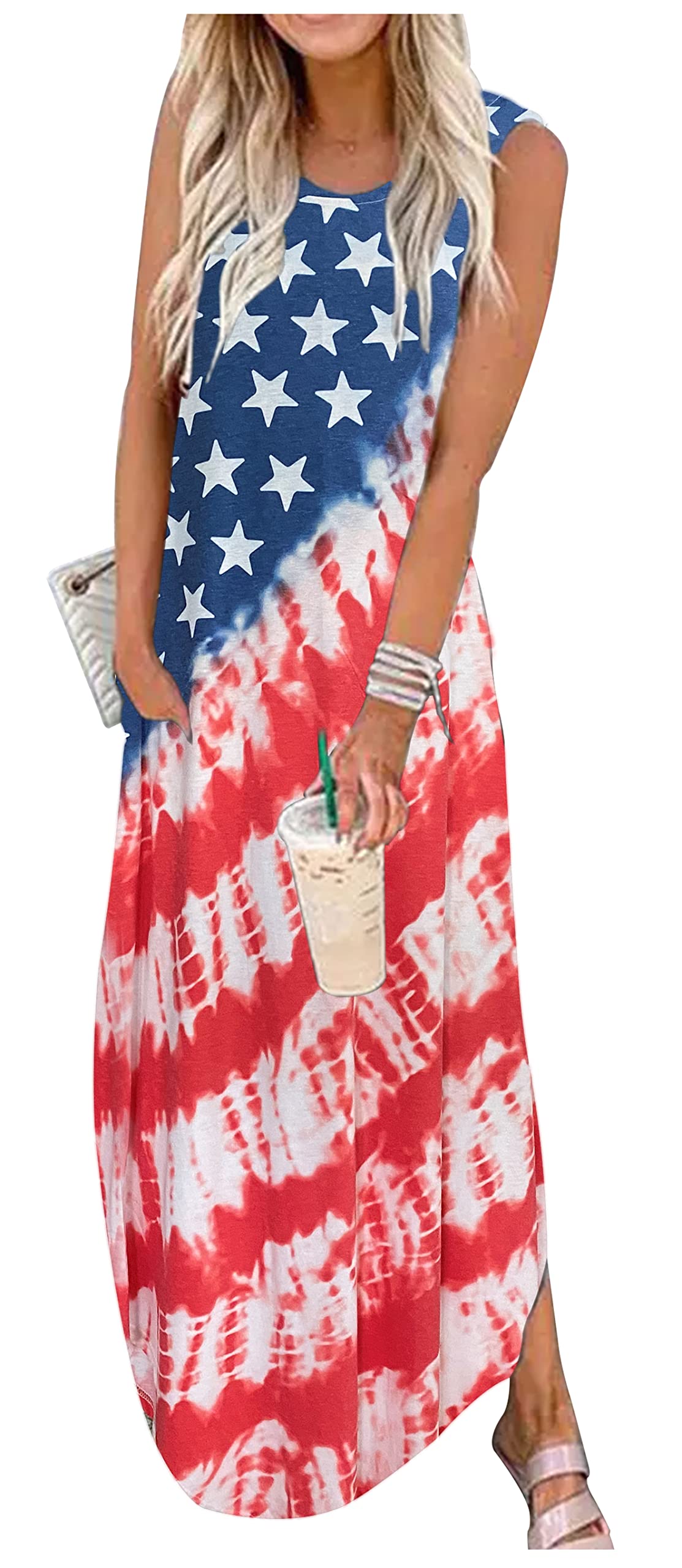 Women's Rainbow Graphics Summer Dress - Sleeveless Maxi Dress with Pockets, Hawaiian Beach Tank Dress, Casual Plain Shirt Dress for Vacation, Pool Party & Outdoor Activities