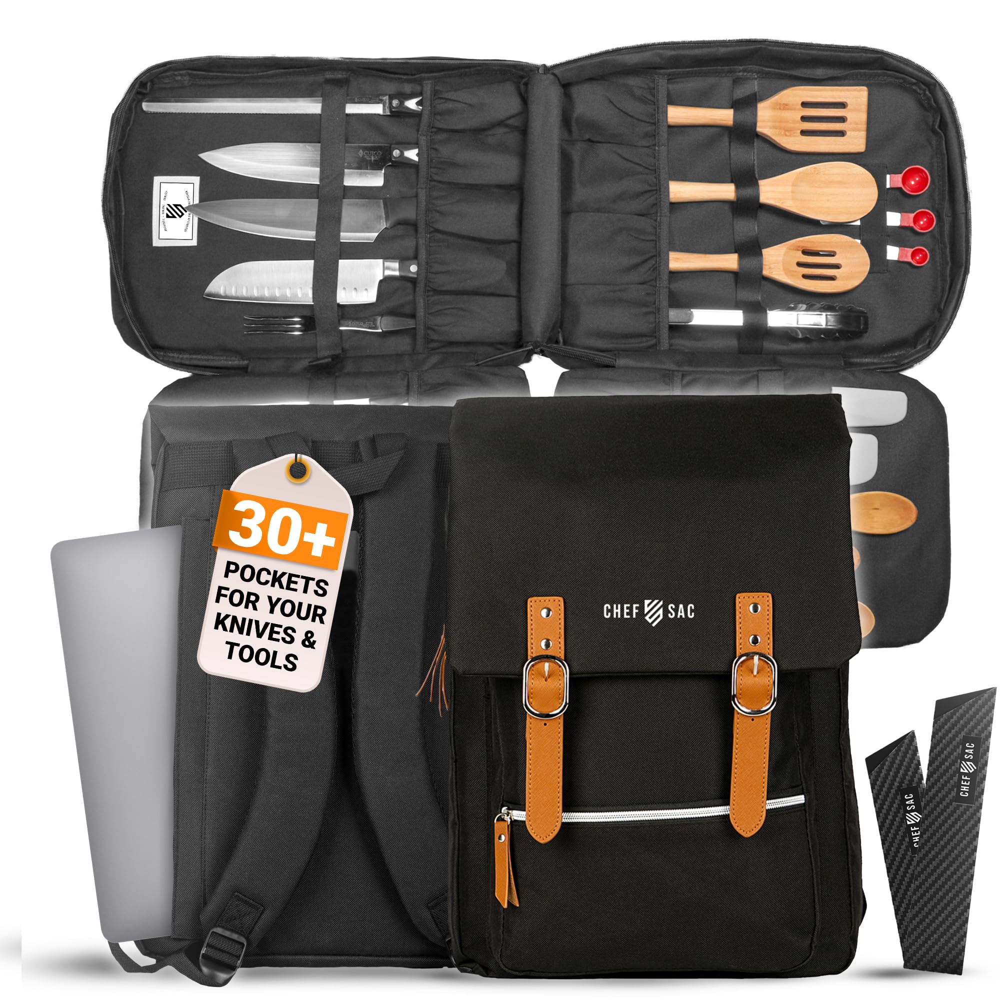 **Professional Chef Knife Backpack with 30+ Pockets - Vintage Style Knife Bag for Chefs & Culinary Students - Durable Knife Carrying Case with Hidden Tablet Pocket - Ideal for Cooking Classes, Restaurant Work & Travel (Black)**