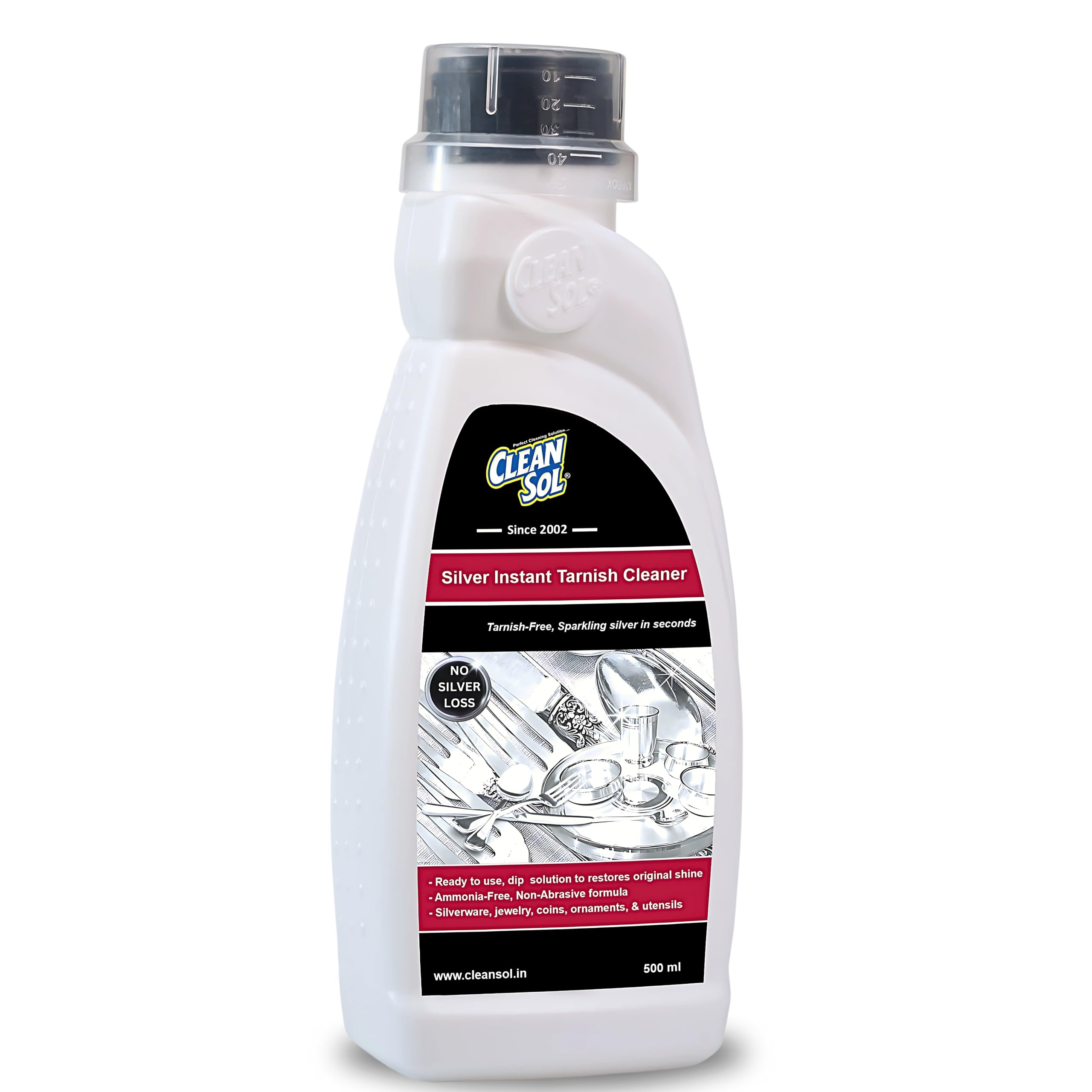 Cleansol Silver Cleaning Liquid - Instant Silver & Tarnish Cleaner Dip (500mL) - Jewelry, Silverware & Antique Restoration Solution