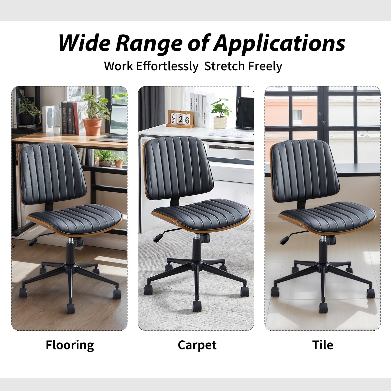Ergonomic Small Home Office Chair - Armless Mid Back Desk Chair with 360° Swivel Wheels, PU Leather Upholstery & Height Adjustment - Modern Walnut Computer Chair for Home Office, Study Room or Conference Room - Black - Perfect for Remote Work, Online Meetings & Long Working Hours