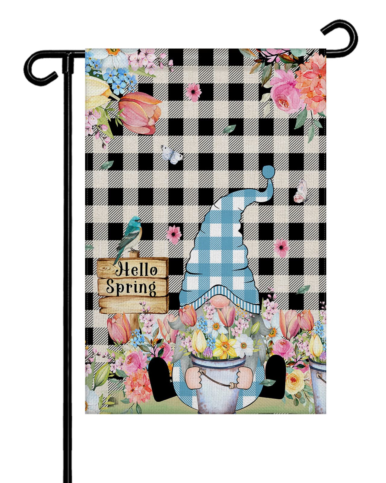 Double Sided Burlap Garden Flag - Spring Floral Gnome Design with Black White Plaid Blooming Flowers | 28x40 Inch Seasonal Vertical Yard Banner for Patio, Lawn & Outdoor Decor | Perfect for Spring Welcome Signs, Front Porch Displays & Garden Party Decorations