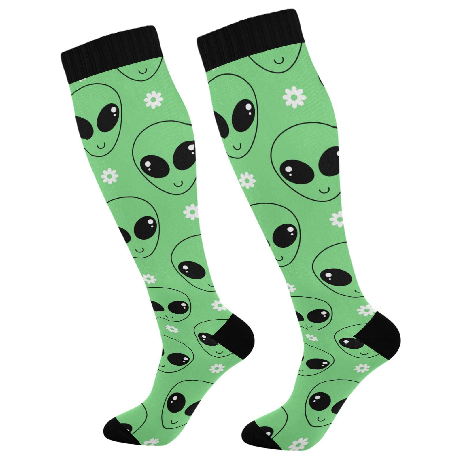 JUNZAN Alien Cartoon Knee High Compression Socks for Men & Kids - Running, Sports & Nurse Socks - One Size Fits Most - Perfect for Workouts, Nursing Shifts & Cosplay