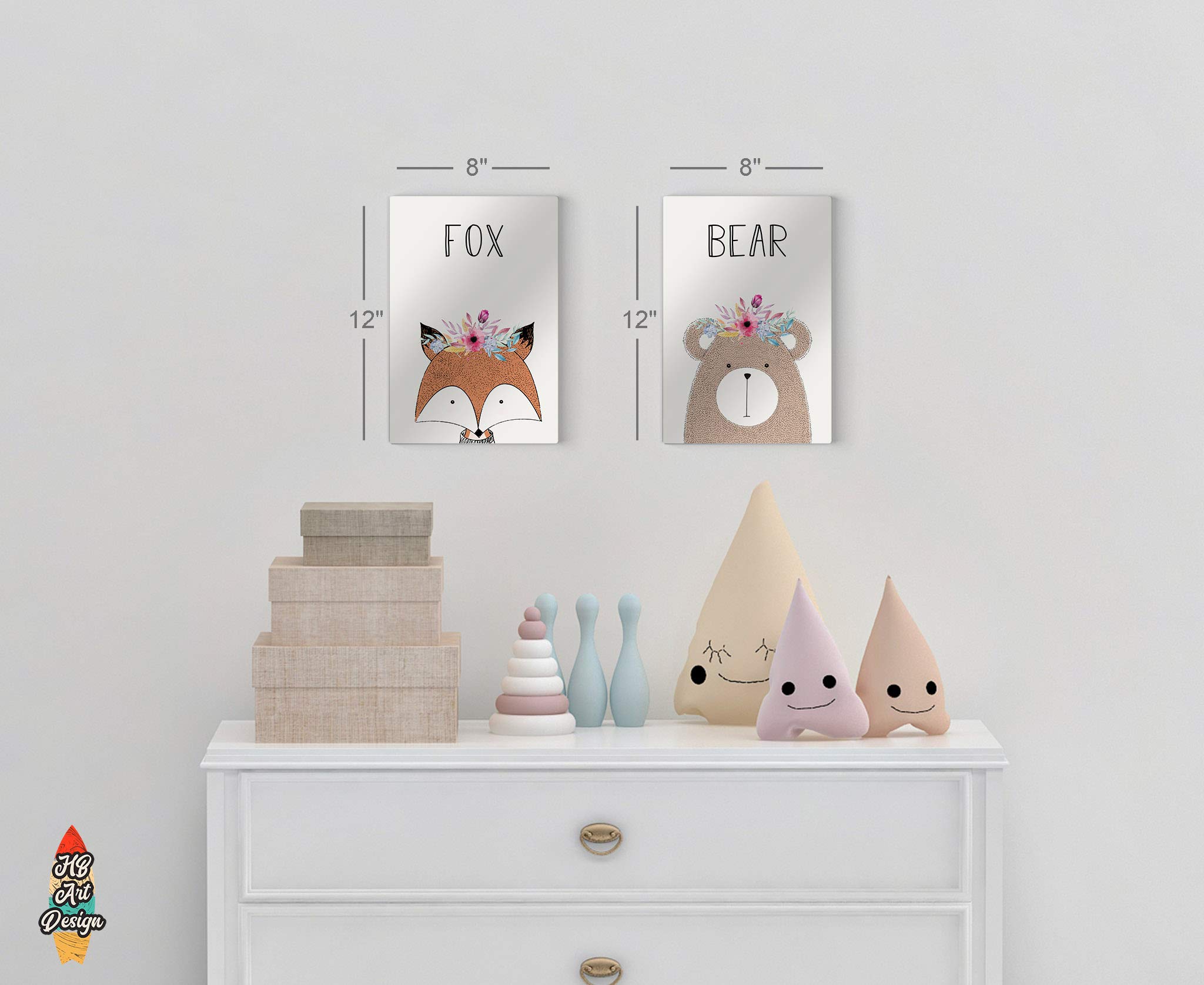 Cute Fox Bear Flower Headpiece Wall Art - 2 Panel Metal Print Set for Nursery & Kids Room Decor - Handmade in USA (40x30 inches) - Perfect for Baby Girl & Boy Bedrooms, Playrooms & Birthday Gifts