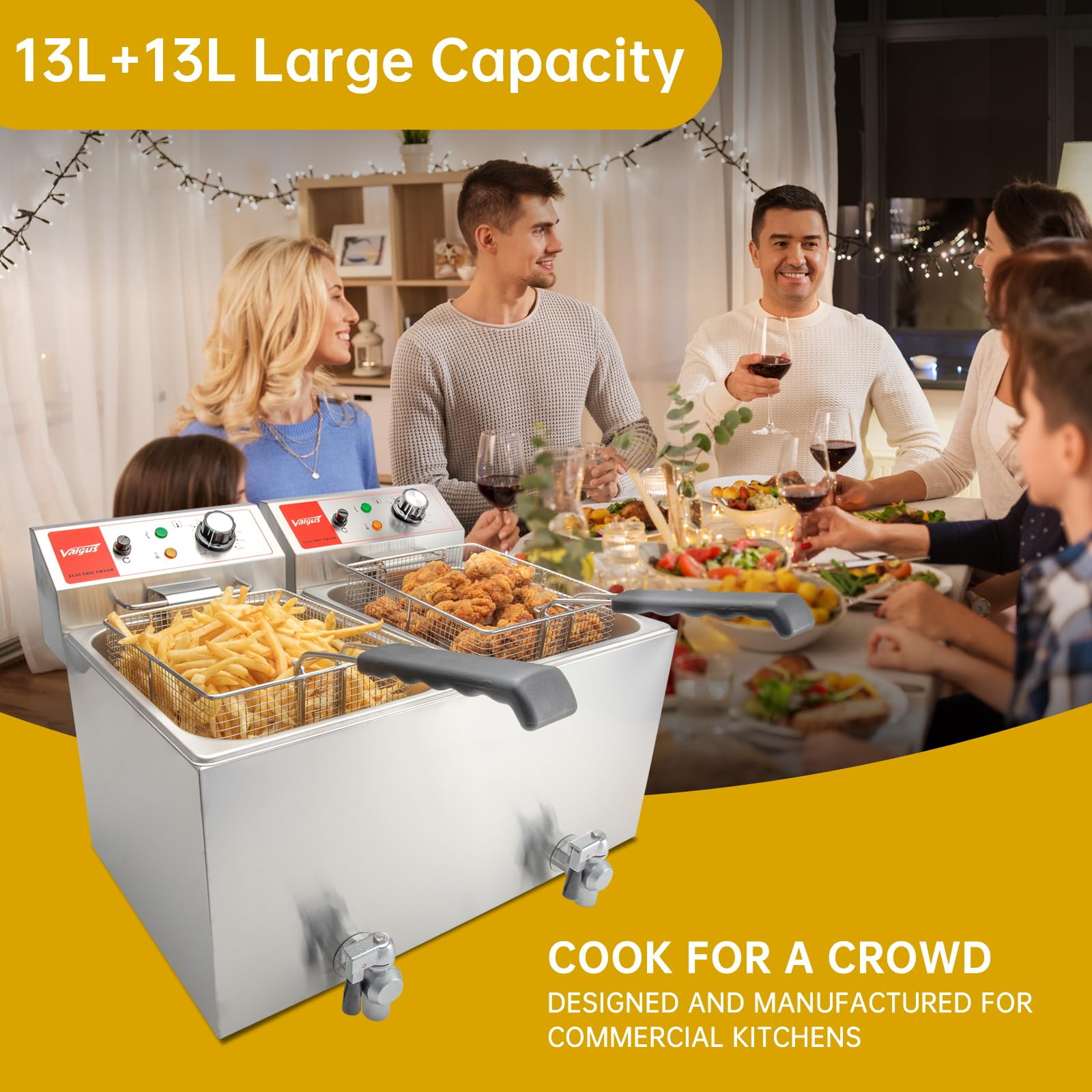 Valgus Dual Tank Commercial Deep Fryer - 1700W Electric 26L Large Capacity Stainless Steel Countertop Fryer with Basket, Lid & Drain System - Perfect for Home Kitchens, Restaurants & Catering Businesses - Ideal for Frying Chicken, Fish, French Fries & More