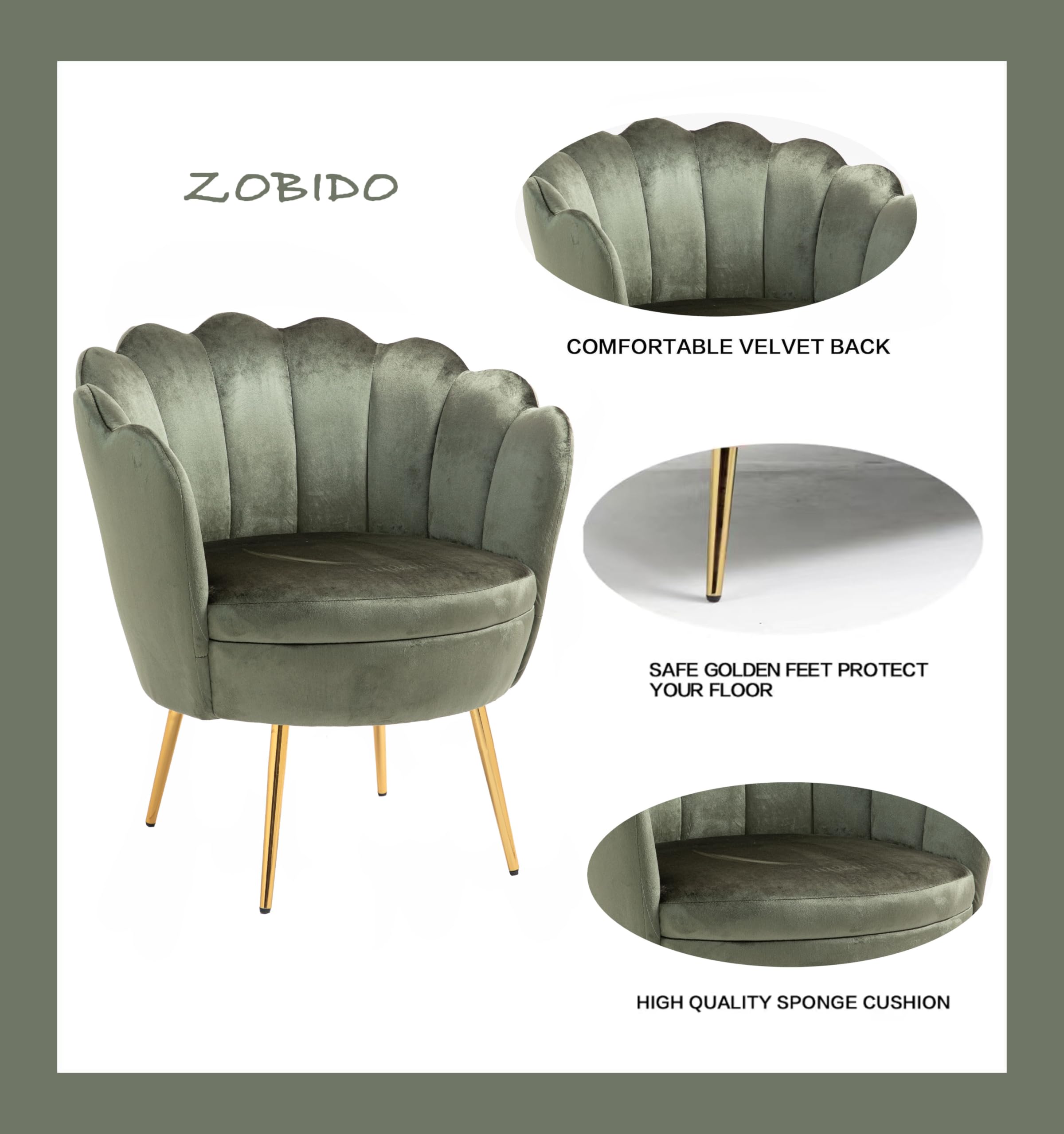 Modern Velvet Accent Chair with Golden Metal Legs - Comfy Upholstered Armchair for Bedroom, Living Room & Vanity - Stylish Desk & Makeup Chair (Army Green) - Perfect for Home Office, Dressing Area & Lounge Decor
