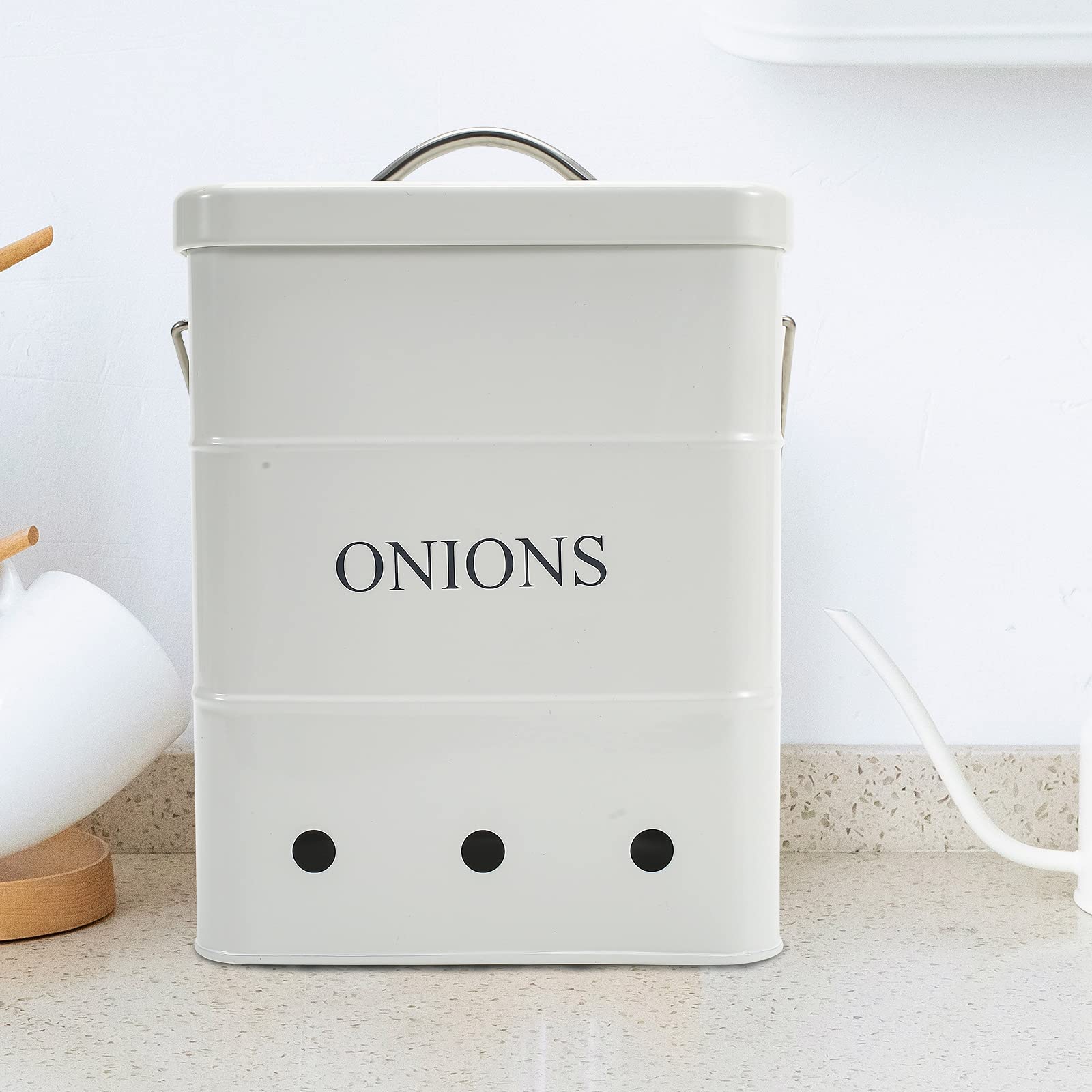 Metal Onion Storage Bin with Aerating Holes - Kitchen Pantry Organizer for Fresh Vegetables (White)