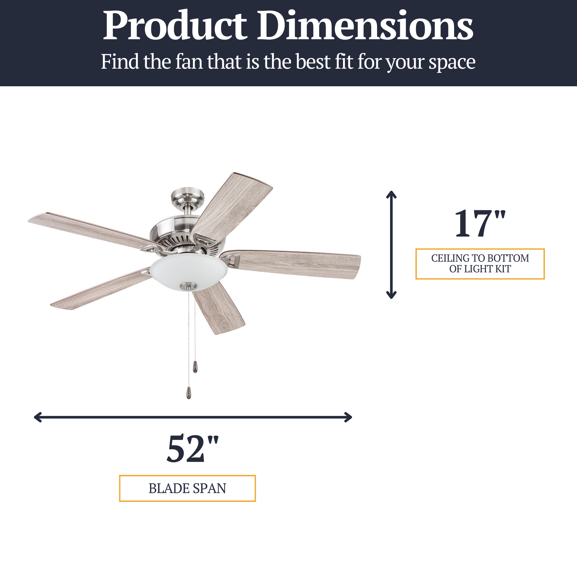 52 Inch Montlake Brushed Nickel Ceiling Fan with Pull Chain - Modern Indoor Cooling for Living Room, Bedroom & Office