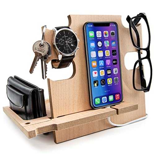 Premium Wooden Docking Station & Smartphone Stand - Beech Wood Desk Organizer, Nightstand Charging Holder for iPhone, Samsung, Pixel - Perfect for Home Office, Bedside & Minimalist Workspace Setup