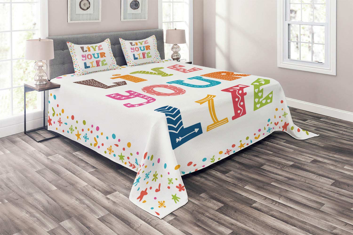 Ambesonne Live Your Life Typography Quilted Bedspread Set - King Size 3-Piece Bedding with Colorful Letter Design & 2 Pillow Shams - Minimalist Decorative Coverlet for Modern Bedroom Decor