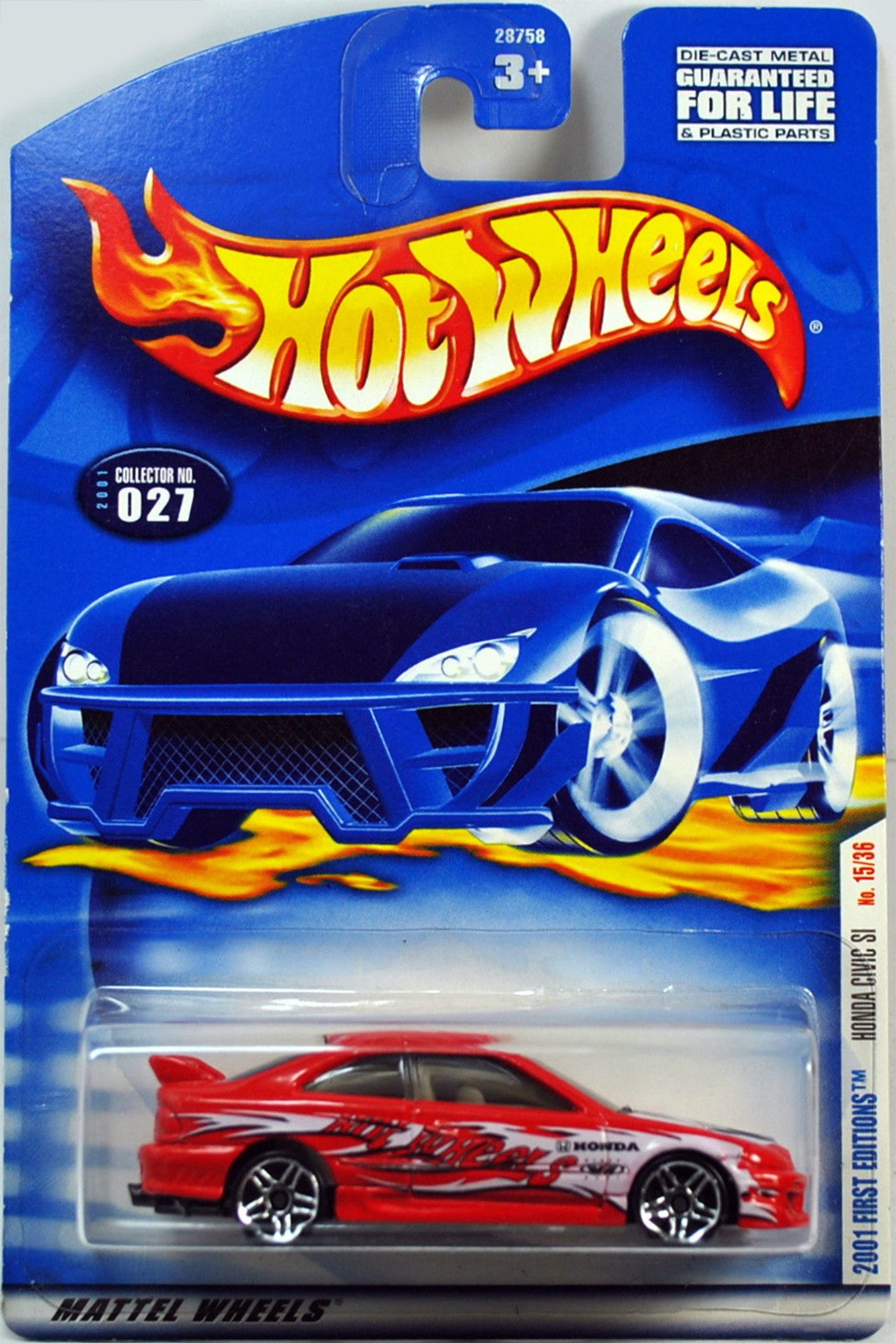 Hot Wheels 2001 First Editions Red Honda Civic SI #027 Die-Cast Car - Collectible Toy for Kids & Adults, Perfect for Display & Racing Games