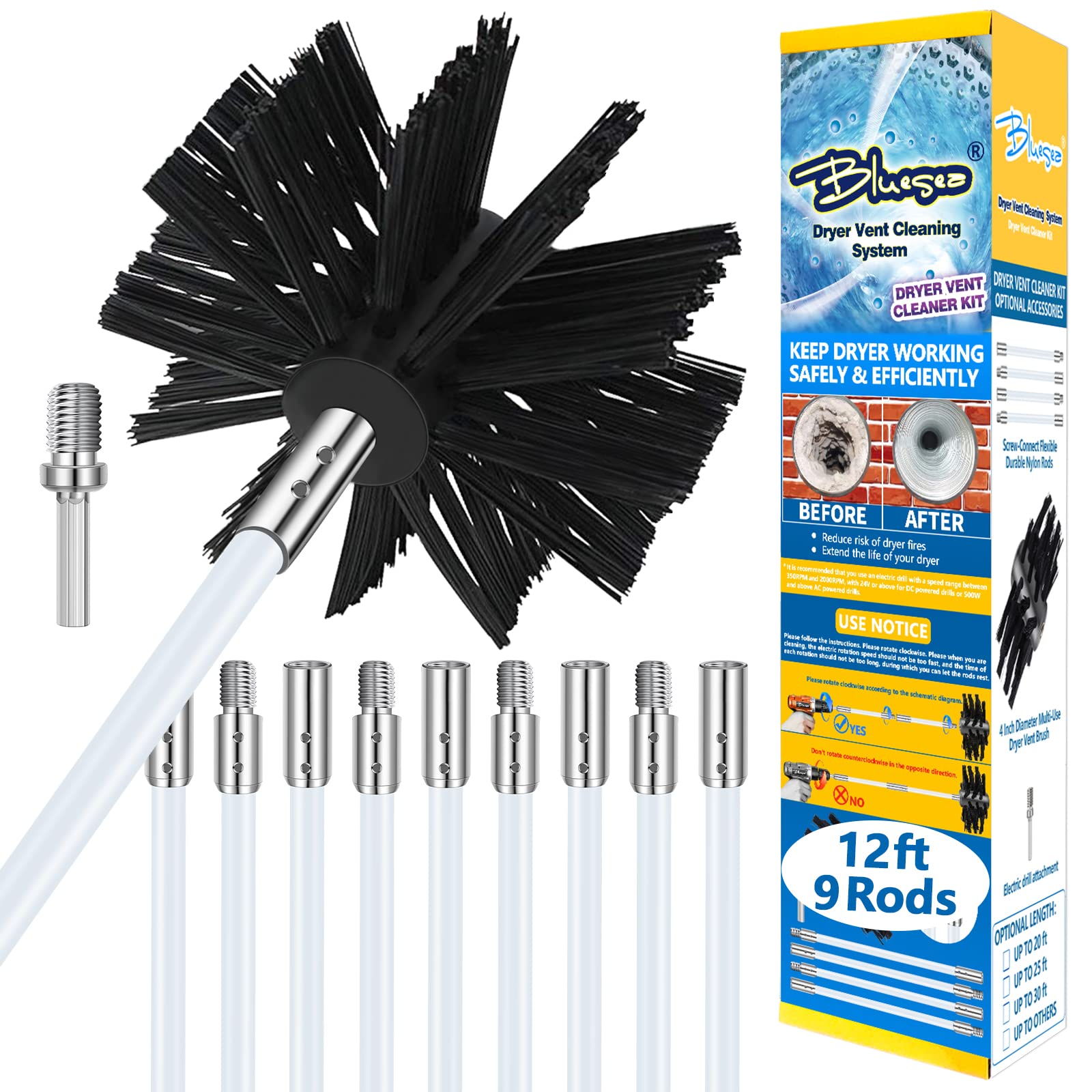 Bluesea 12 Feet Dryer Vent Cleaning Kit - Flexible & Durable Lint Brush with Drill Attachment | Easy-to-Use Dryer Vent Cleaner for Home Maintenance | Perfect for Laundry Room & Appliance Care