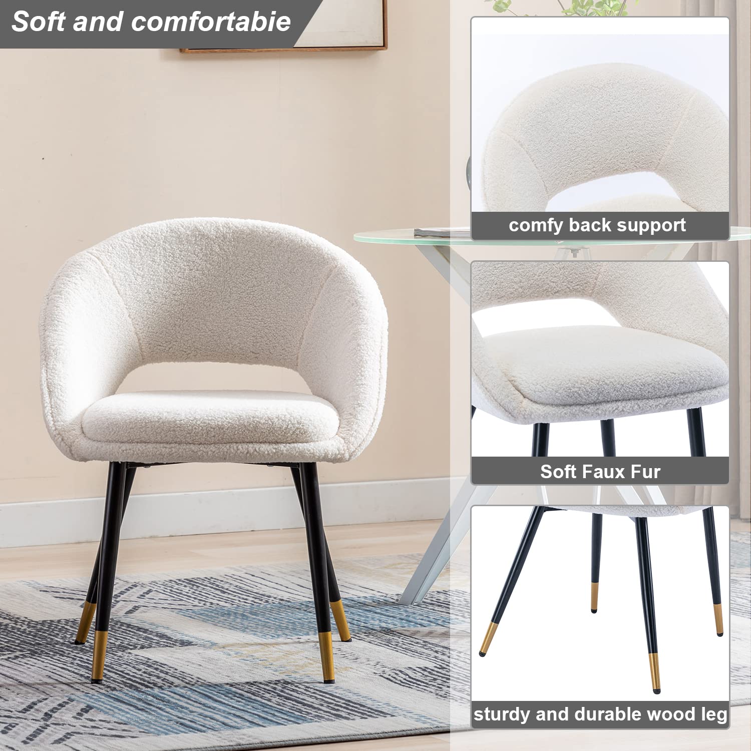 Goujxcy White Faux Fur Upholstered Office Chair - Modern Armchair for Desk, Dining & Living Room - Comfortable Vanity Chair with Sturdy Metal Legs (Perfect for Home Office, Study Room & Lounge Areas)