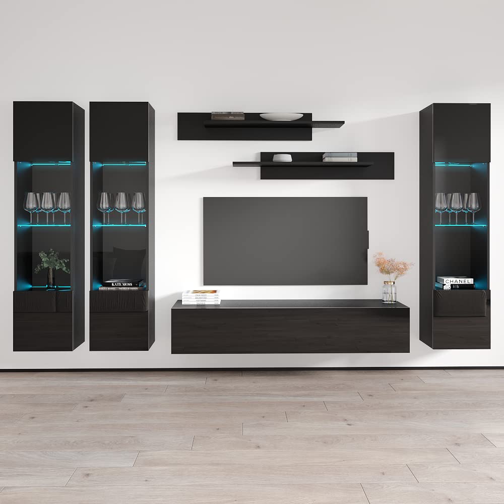Modern Floating TV Stand with Storage & LED Lights - Wall-Mounted Entertainment Center for Bedroom & Living Room - Black Wooden TV Console with Shelves - Perfect for Small Spaces & Home Theater Setup