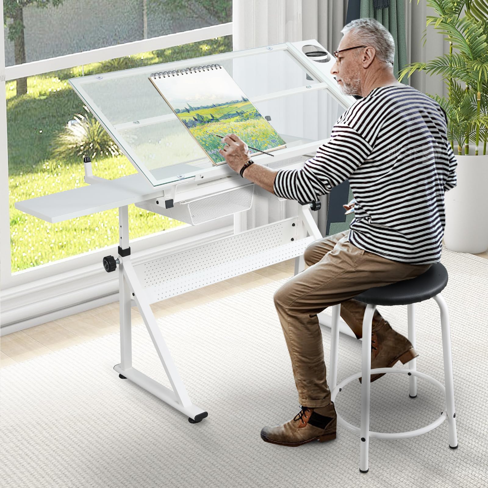 Adjustable Drafting Table with Stool - Tilting Tempered Glass Top Art Desk for Painting, Drawing & Crafting - 2 Storage Drawers, Height Adjustable White Workstation (Perfect for Artists, Architects & Hobbyists)