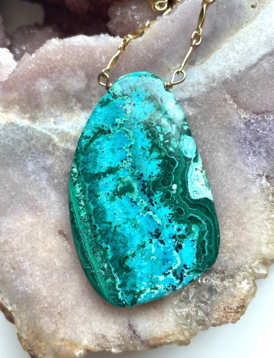 Stunning Large Chrysocolla Malachite Statement Necklace in Gold - Elegant Boho Jewelry for Women, Perfect for Weddings & Special Occasions