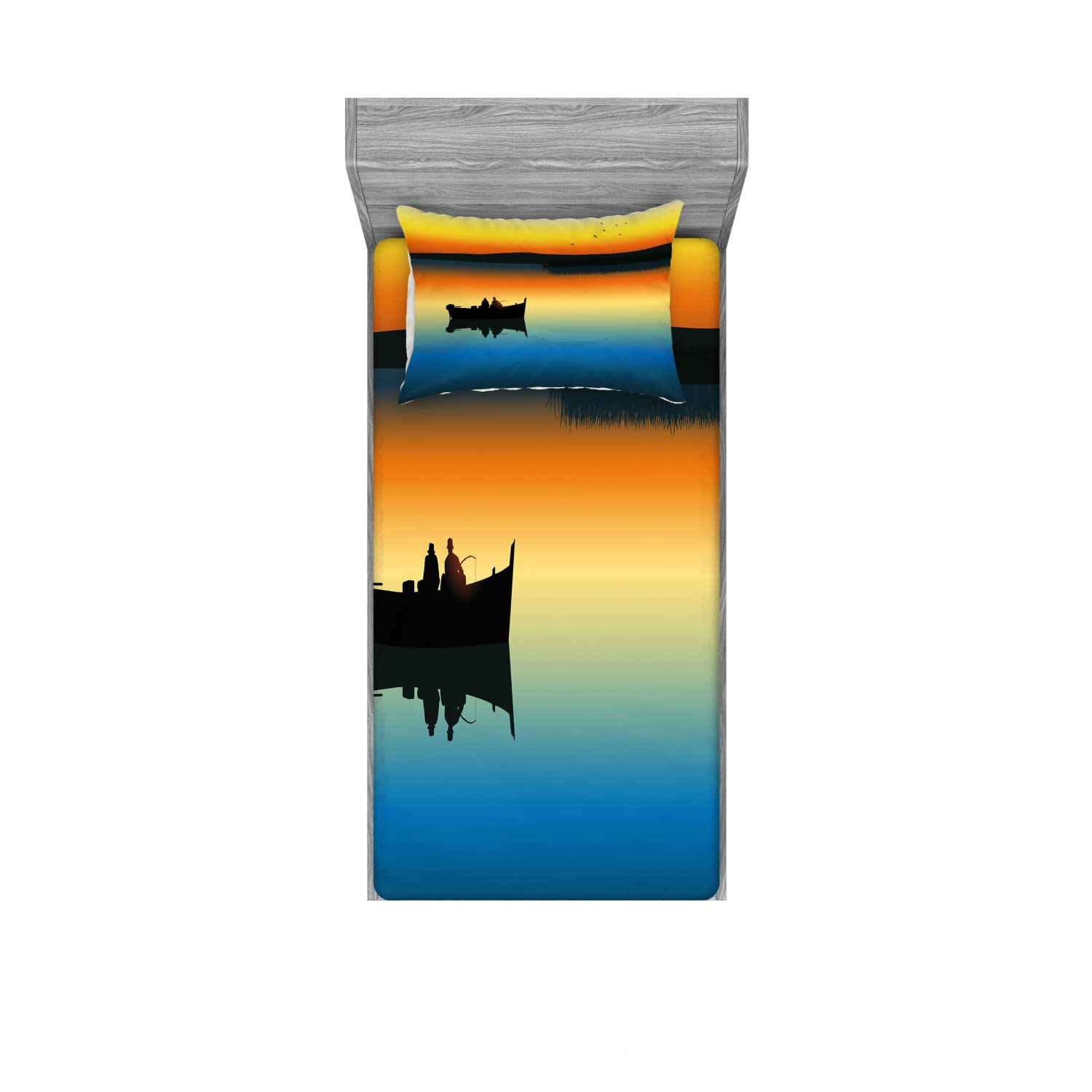 Ambesonne 2-Pack Twin Size Fitted Sheets & Pillow Sham Set - Sunset Lake Fishing Design, Orange & Blue 4-Piece Bedding Set for Cozy Bedroom Decor | Perfect for Guest Rooms, Dorms & Vacation Homes