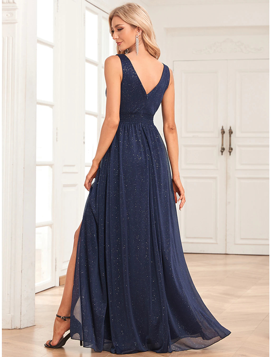 Elegant A-Line Empire Waist Evening Gown - Floor Length Sleeveless V-Neck Glitter Dress with Back Slit | Perfect for Prom, Gala, Wedding Guest & Formal Party Wear