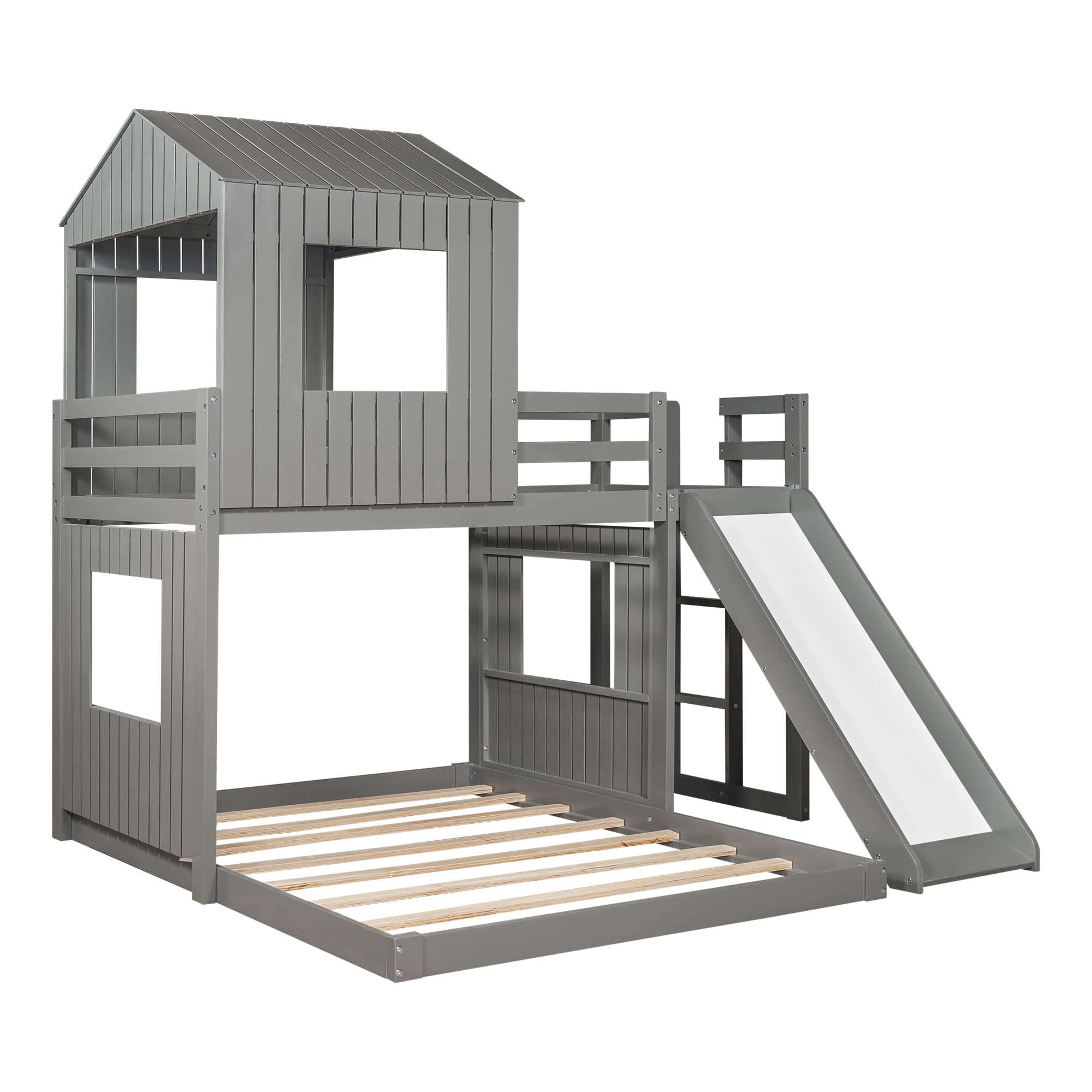 Twin Over Full Bunk Bed with Slide - House-Shaped Kids Bunk Bed Frame with Safety Guardrails & Ladder for Boys & Girls - Space-Saving Bedroom Furniture for Small Rooms, Kids' Dorm or Vacation Homes (Gray)