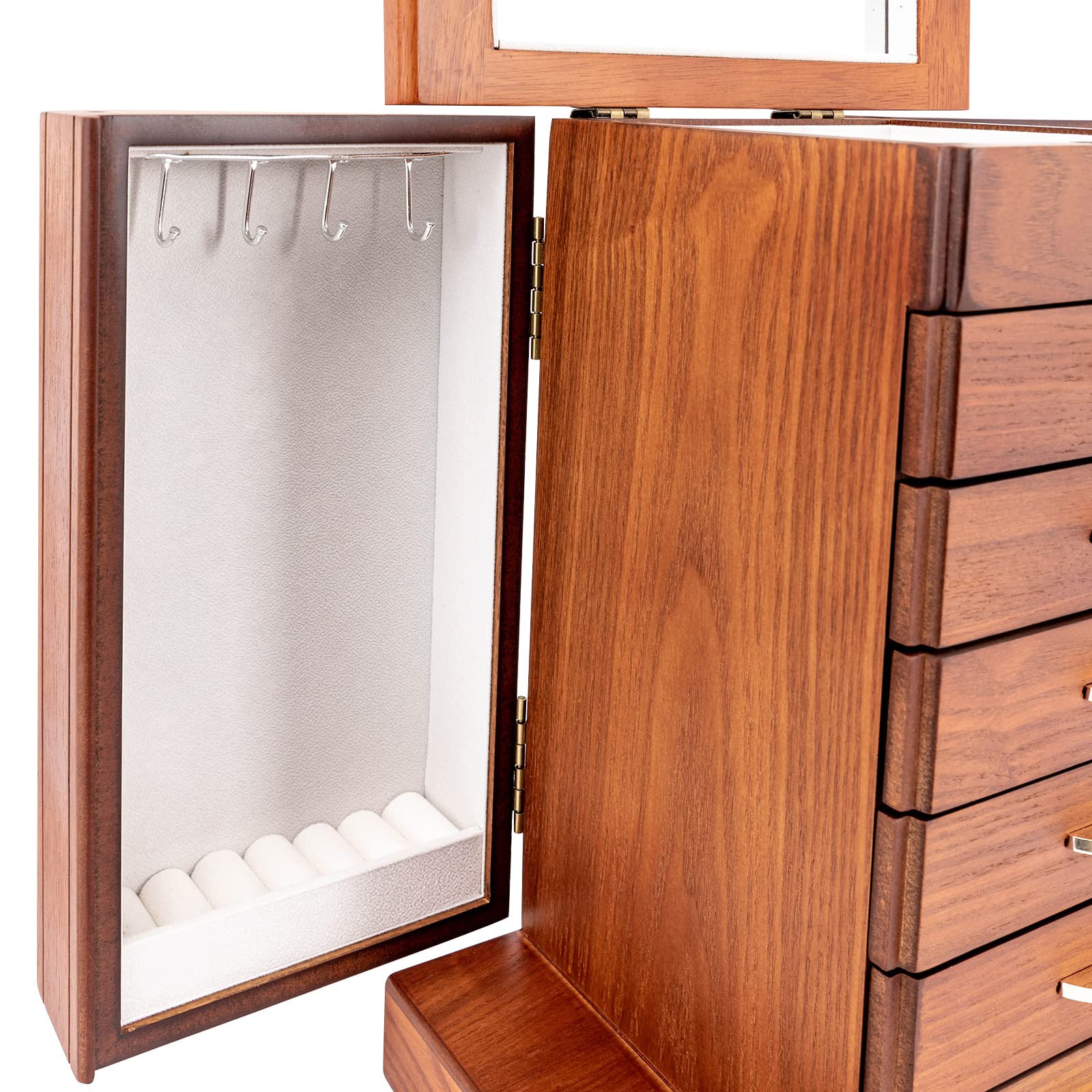 7-Layer Wooden Jewelry Organizer Box for Women - Large Rustic Storage with Drawers & Mirror for Necklaces, Earrings, Rings & Bracelets - Perfect for Bedroom, Dressing Table & Living Room Decor (Walnut)