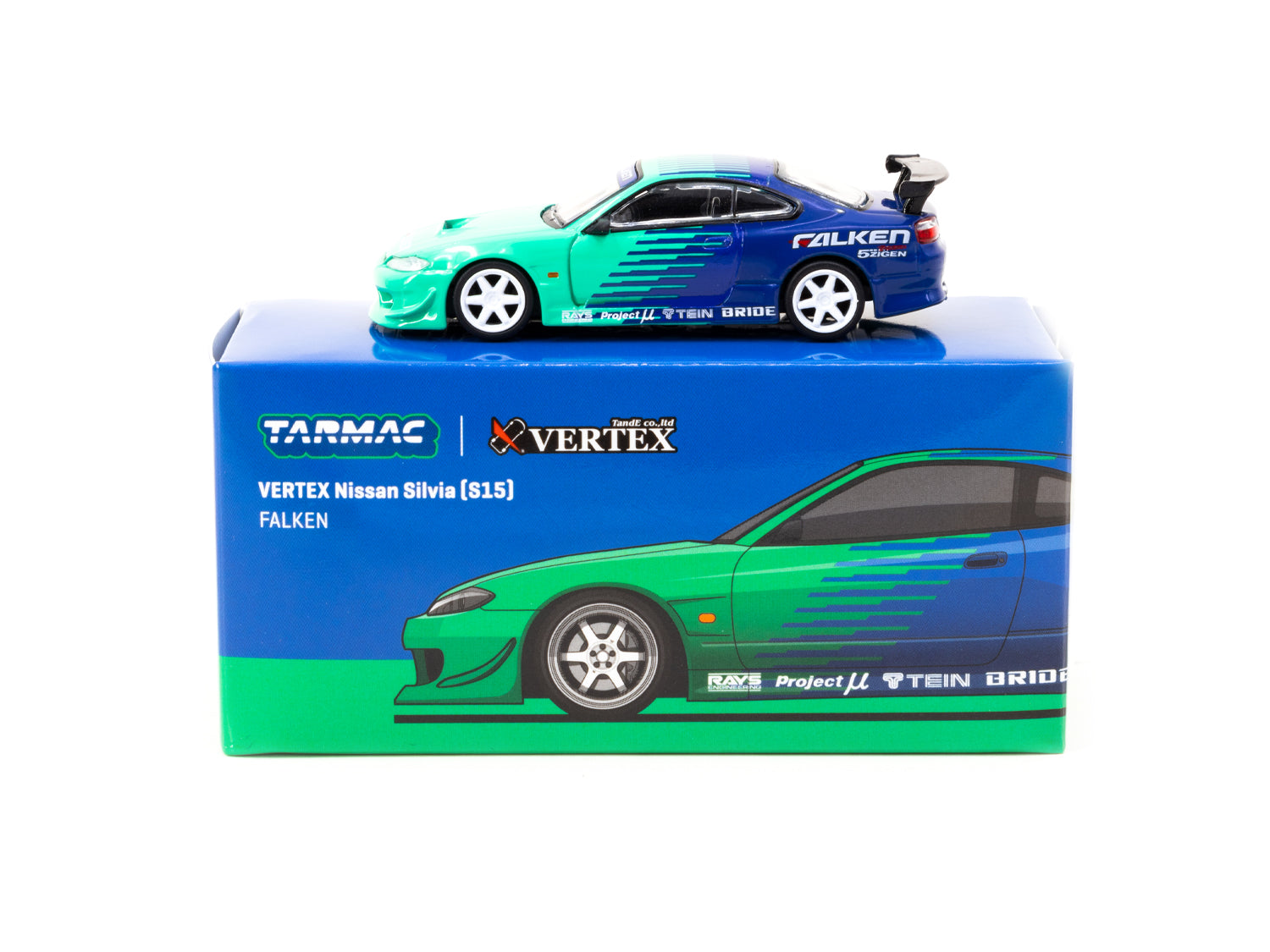 Tarmac Works VERTEX Nissan Silvia (S15) FALKEN GLOBAL64 Diecast Model Car - 1:64 Scale Collectible for Racing Enthusiasts & Car Display Collections