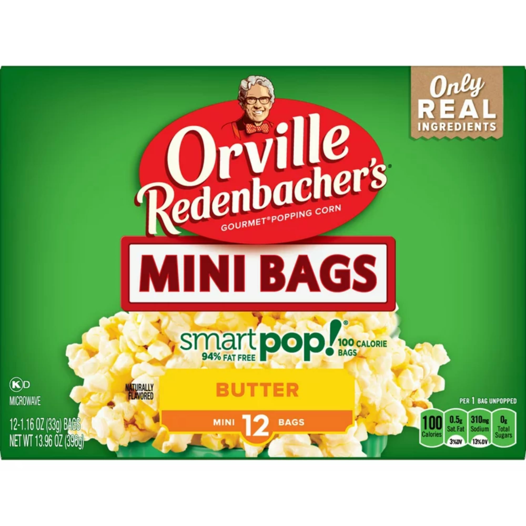 Orville Redenbacher Smart Pop Butter Microwave Popcorn - 12 Mini Bags with Reusable Snack Pouch & Kitchen Hack Card - Perfect for Movie Nights, Office Snacks, and School Lunches