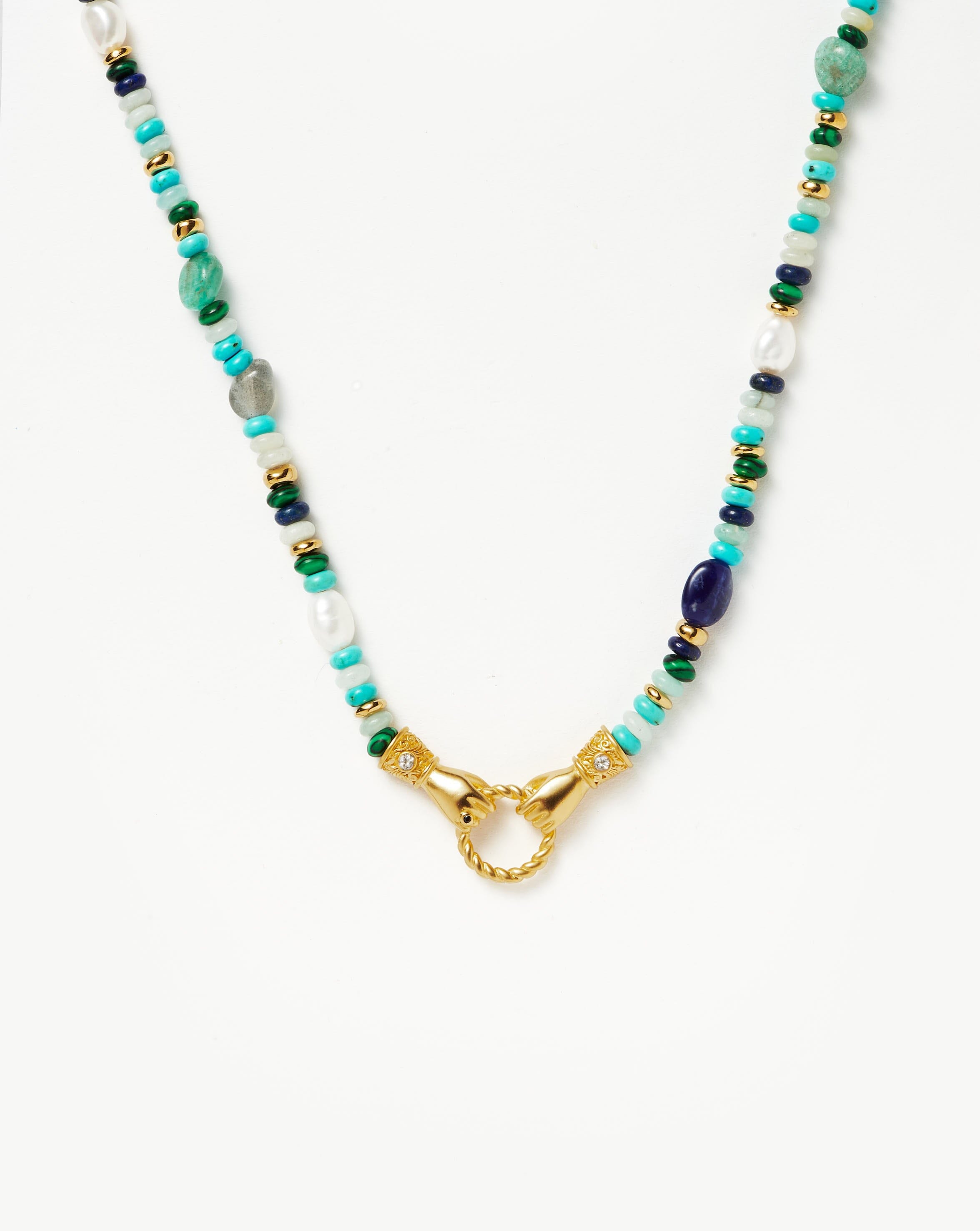 Harris Reed In Good Hands Beaded Gemstone Necklace - 18k Gold Plated with Turquoise, Lapis Lazuli & Pearl | Elegant Layering Jewelry for Women, Perfect for Weddings, Parties & Everyday Wear