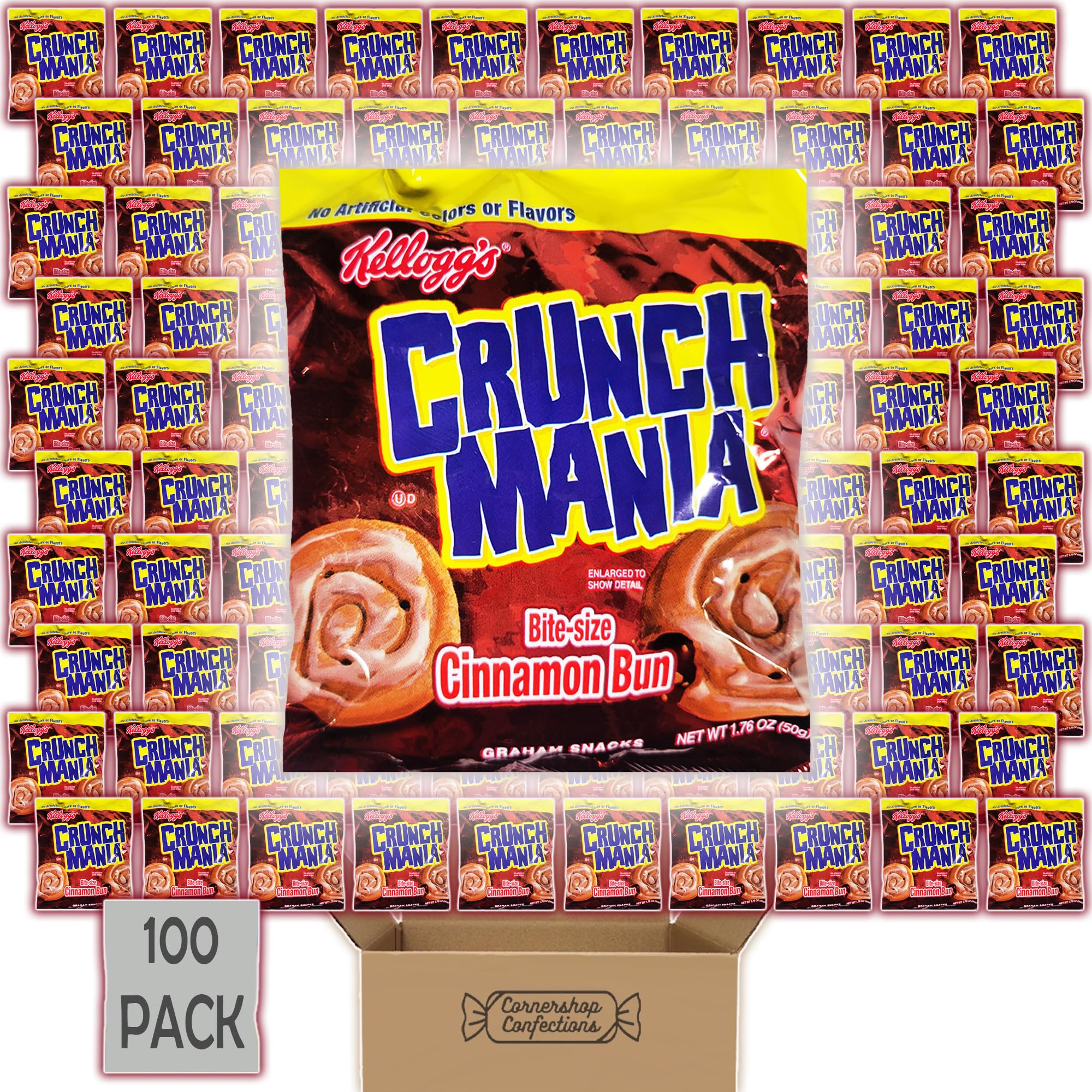 Crunch Mania Graham Snacks Bulk Pack - Cinnamon Flavor, 100 Individually Wrapped 1.76oz Bags - Perfect for Lunch Boxes, Road Trips, Sports Games, Office Snacking & On-the-Go | Delicious Cinnamon Bun Treat | Cornershop Confections | Great for Kids, Parties & Movie Nights