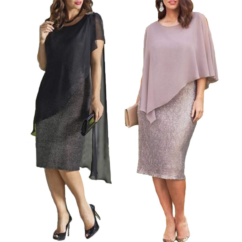 gLoaSublim Women's Plus Size Elegant O-Neck Chiffon Patchwork Double Layer Midi Pencil Dress for Work, Party & Special Occasions