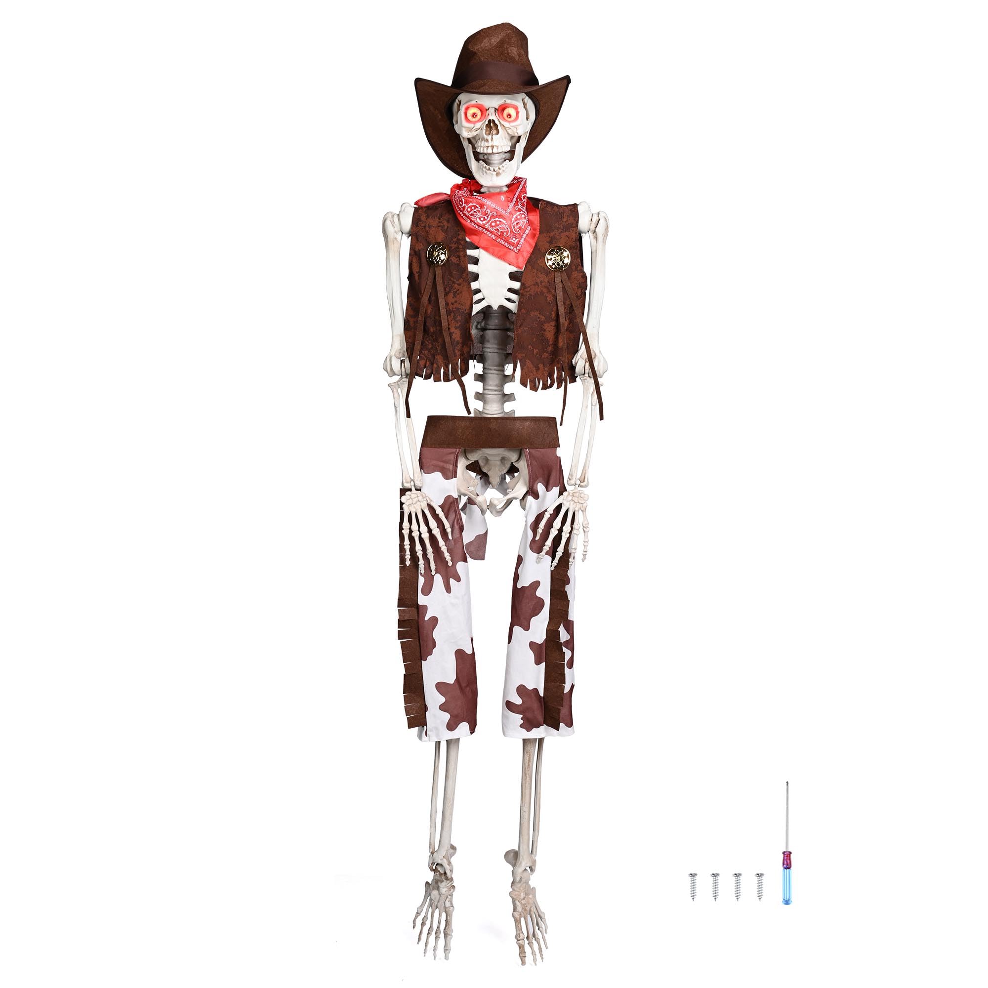 Life-Size Poseable Skeleton - 5.4ft Western Cowboy Halloween Decoration with Glowing Eyes | Haunted House Props, Party Decor, Photo Booth Backdrop (2024 Edition) - Perfect for Halloween Parties, Haunted Attractions, and Spooky Home Decor