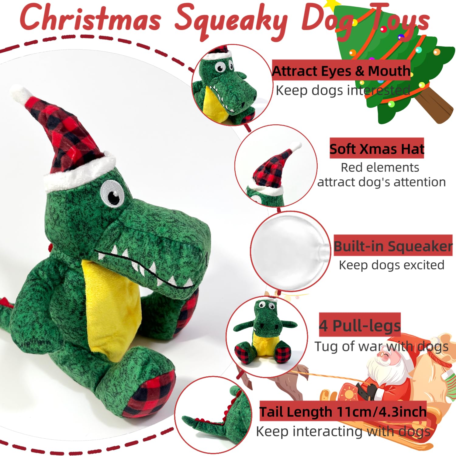 Christmas Dog Squeaky Toys - Xmas Interactive Durable Plush Chew Toys for Puppy, Small, Medium & Large Dogs | Training, Boredom Relief & Enrichment | Crocodile Design for Playtime & Holiday Fun