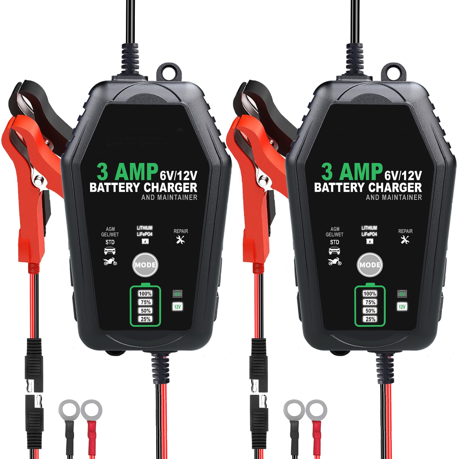 2 Pack Smart Car Battery Charger - 6V/12V 3A Automatic Battery Maintainer & Trickle Charger for Automotive, Motorcycle, Boat - Works with Lead-Acid, Lithium & LiFePO4 Batteries - Perfect for Winter Storage & Long-Term Vehicle Maintenance