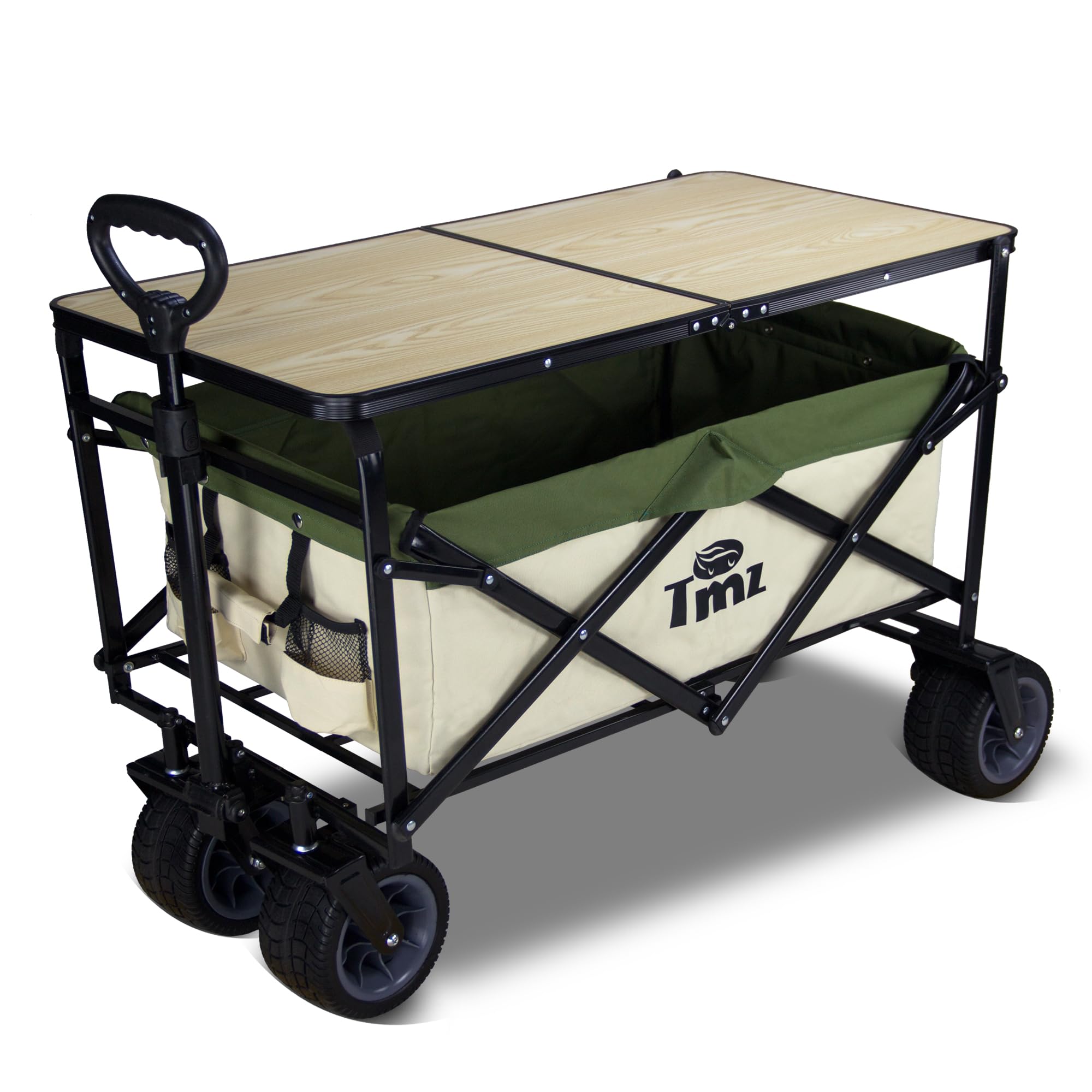 TMZ Heavy Duty Folding Wagon Cart with Removable Table - Collapsible Beach Utility Cart for Camping, Grocery Shopping, Picnics & Outdoor Activities (Beige/Green) - Perfect for Beach Trips, Tailgating & Farmers Market Use