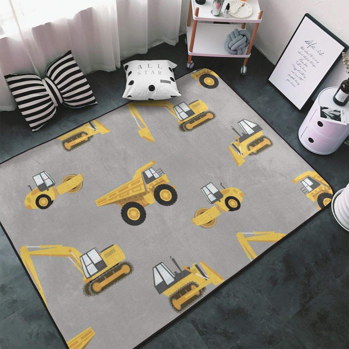 NiYoung Kids Play Rug - Construction Trucks Area Rugs for Bedroom & Playroom - Non-Slip Floor Mat
