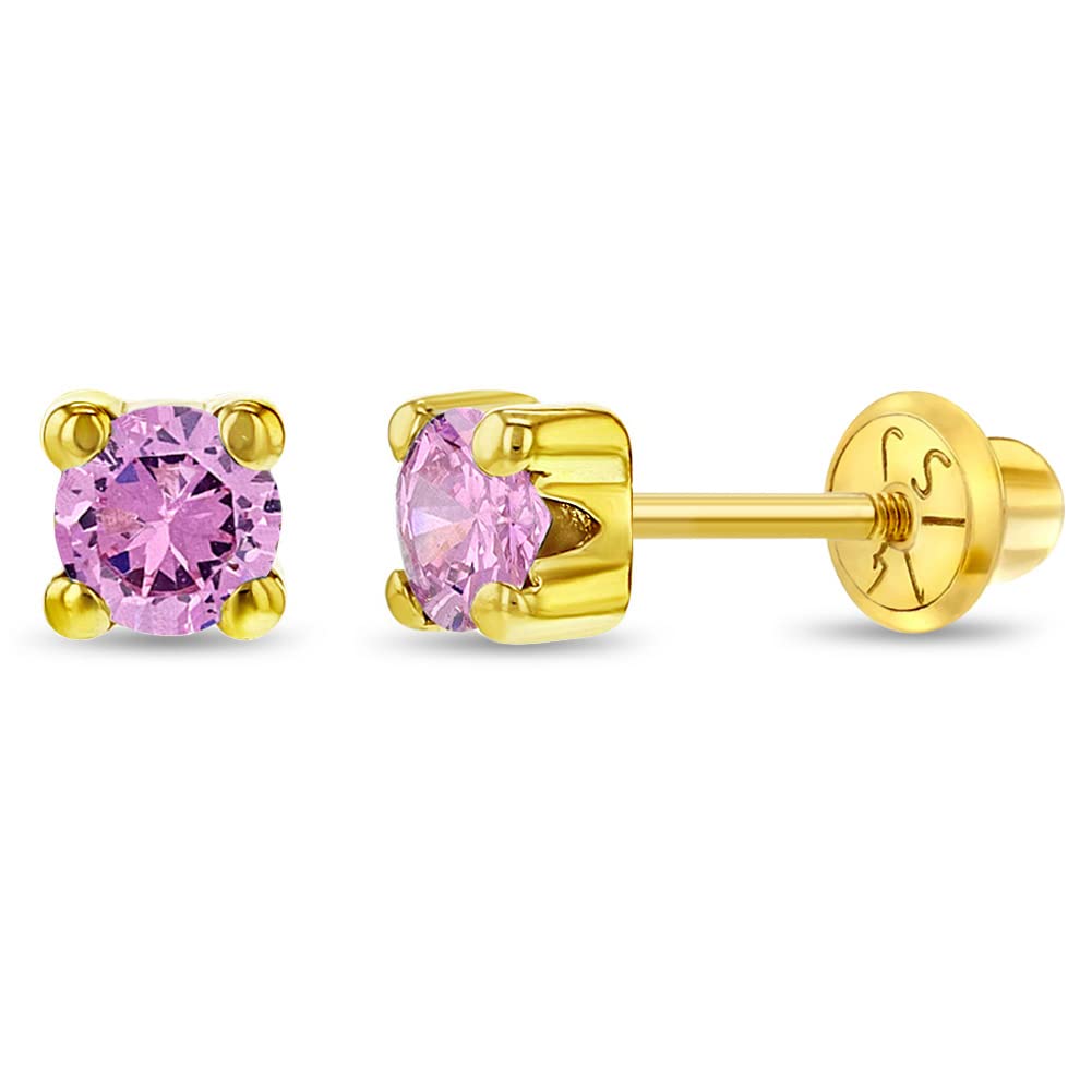 14K Yellow Gold Tiny Pink 2mm-3mm Cubic Zirconia Screw Back Earrings for Baby Girls - Small Round Stud Earrings for Newborns, Infants & Toddlers - Safety Screw Back Locking & Tiny CZ Studs - Perfect for Baptism, First Birthday Gifts & Special Occasions