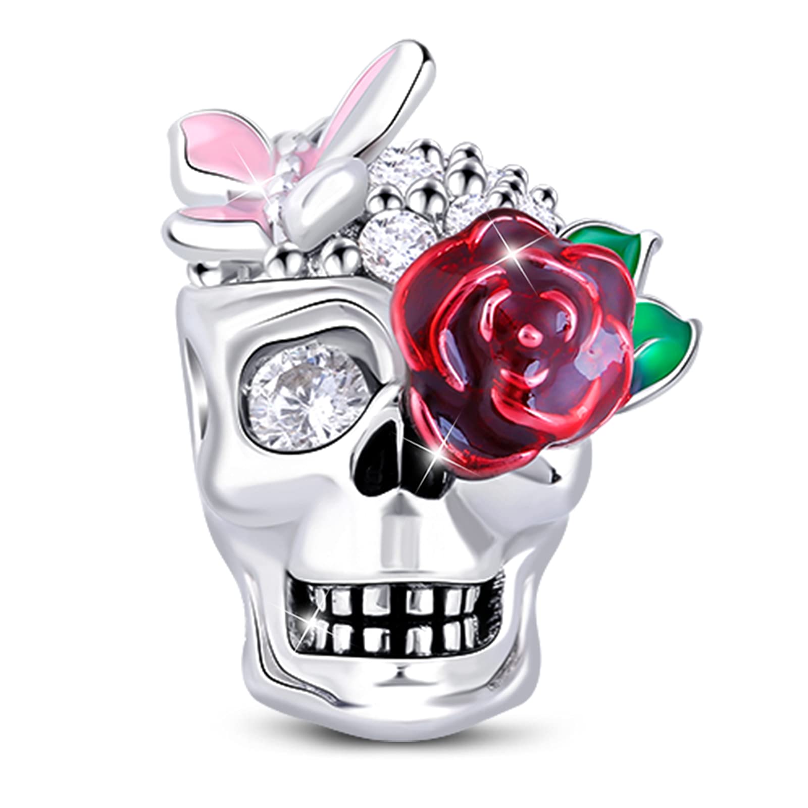 GNOCE S925 Sterling Silver Sugar Skull Charm for Women - Rose Skull Pendant for Bracelets & Necklaces - Perfect for Day of the Dead Jewelry, Boho Fashion & Gift Giving