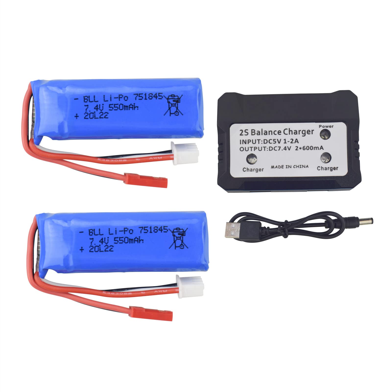 2PCS 7.4V 550mAh High-Rate Lithium Battery with 2-in-1 Charger for WLtoys K969 K979 K989 K999 P929 P939 284131 RC Cars - Perfect for High-Speed Racing and Off-Road RC Vehicle Performance