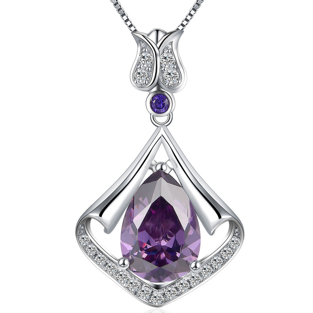 Sterling Silver Flower Teardrop Pendant Necklace with Simulated Amethyst & Blue Topaz | Elegant Jewelry Gift for Women | Perfect for Weddings, Parties & Special Occasions