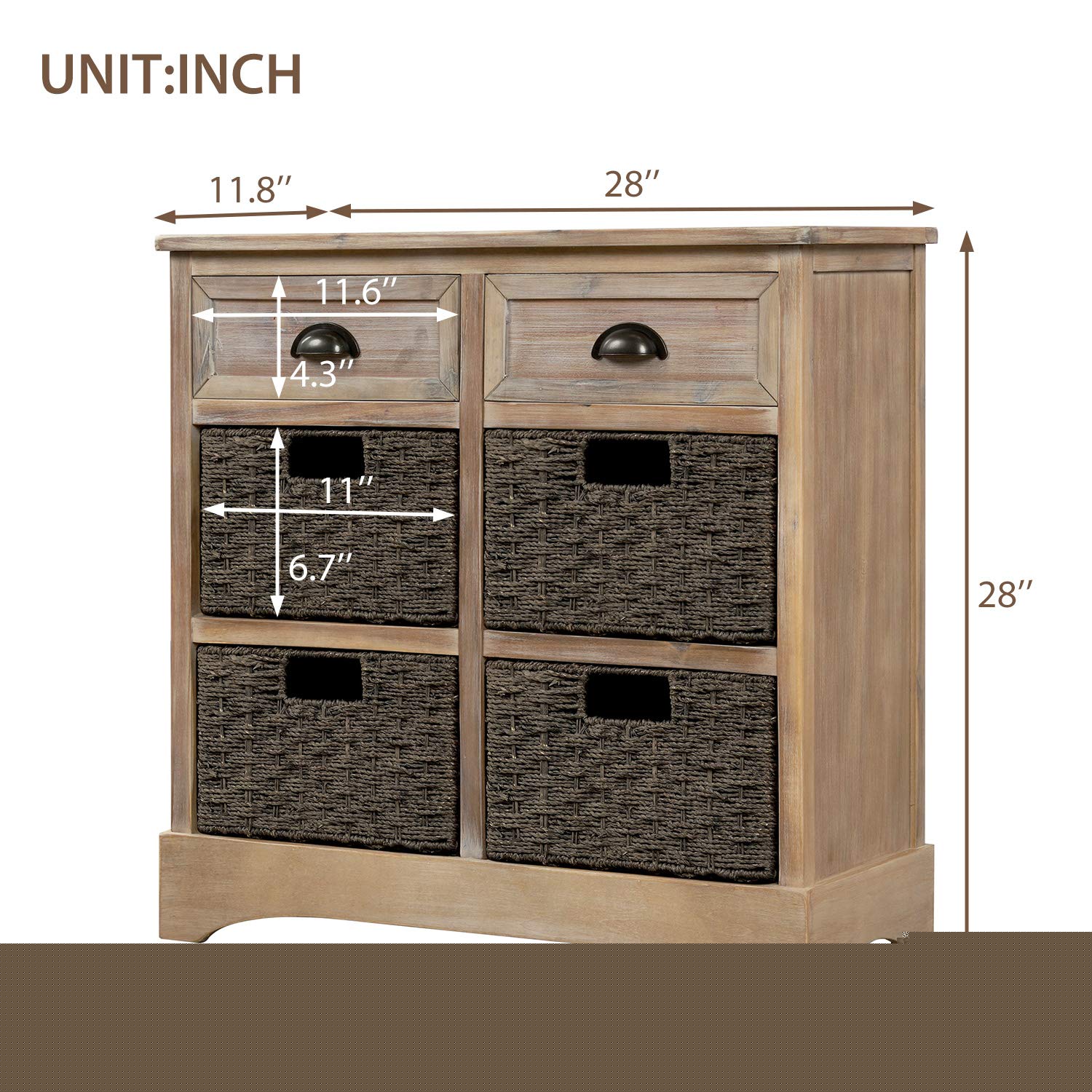 Knocbel Farmhouse Wicker Storage Cabinet with 2 Drawers - Aluminum Alloy Handles, White Washed Decorative Chest for Entryway, Hallway, Dining & Living Room - Perfect for Home Organization and Farmhouse Decor