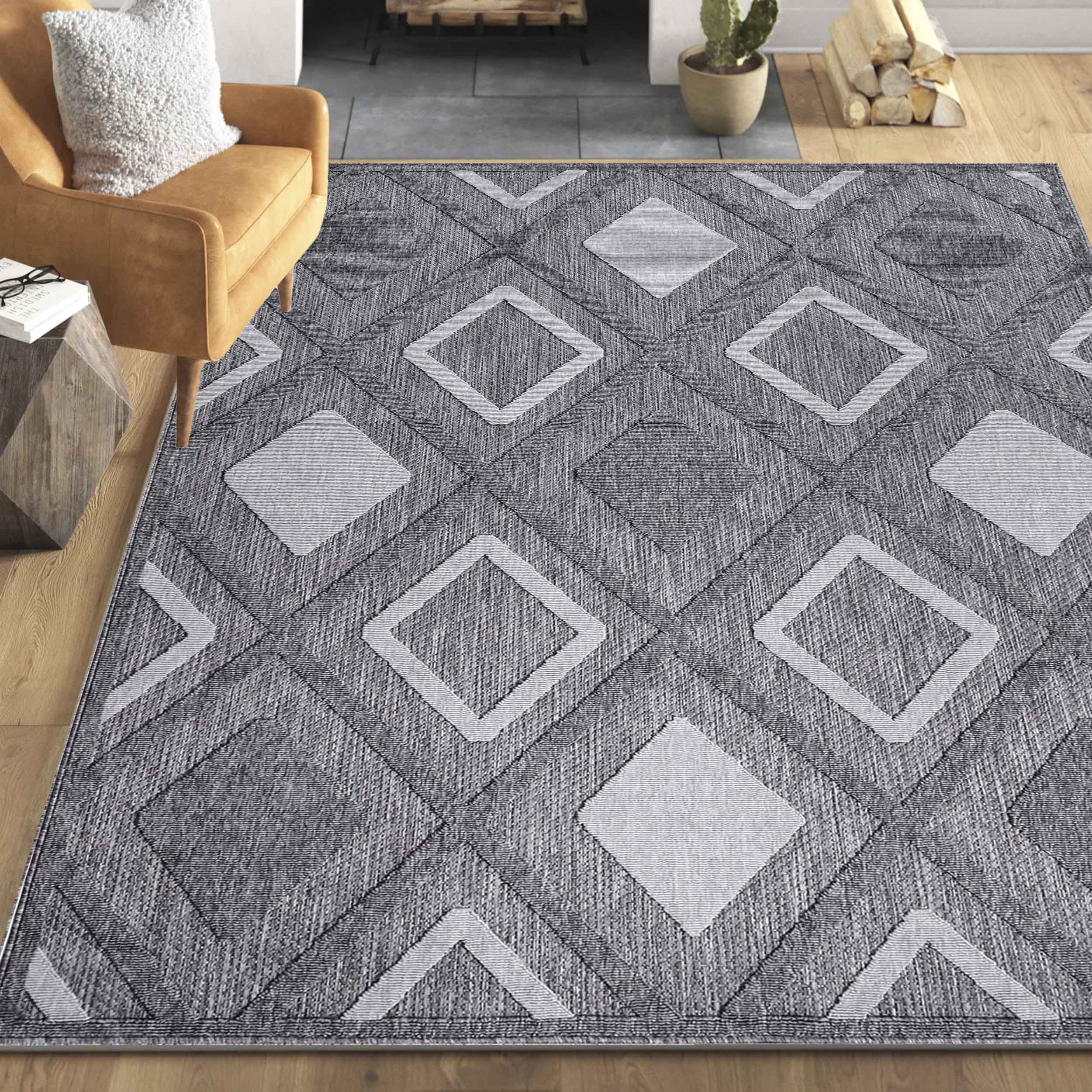 Daelyn Modern Diamond Lattice Indoor Outdoor Area Rug - Non-Slip Soft Living Room Bedroom Rug for Home Decor