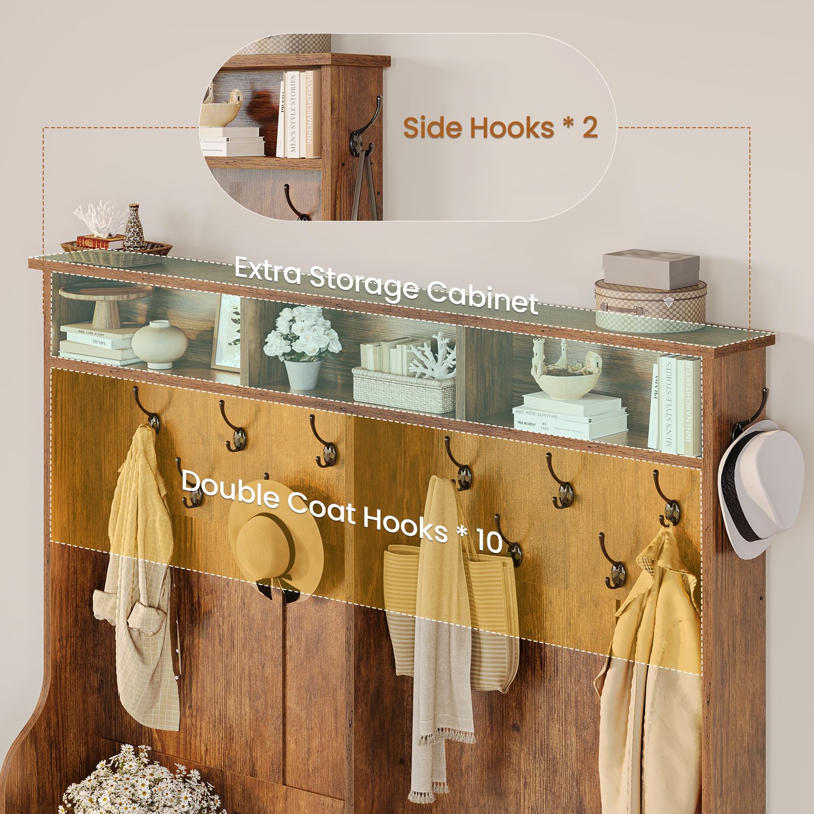 Itaar 5-in-1 Hall Tree with Bench, Shoe Storage & Coat Rack - 16 Shoe Cubbies, 12 Coat Hooks, Barn Door & Adjustable Shelf - Rustic Brown Entryway Organizer for Mudroom, Foyer or Home Decor