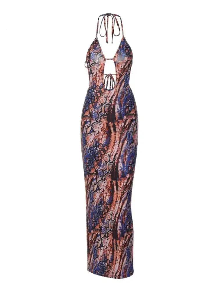 Sexy Abstract Print Open Back Halter Maxi Dress for Women - Deep V Neck Bodycon Long Dress for Nightclub, Party & Summer Outfits | C70BG23 | Perfect for Evening Events, Date Nights & Beach Vacations