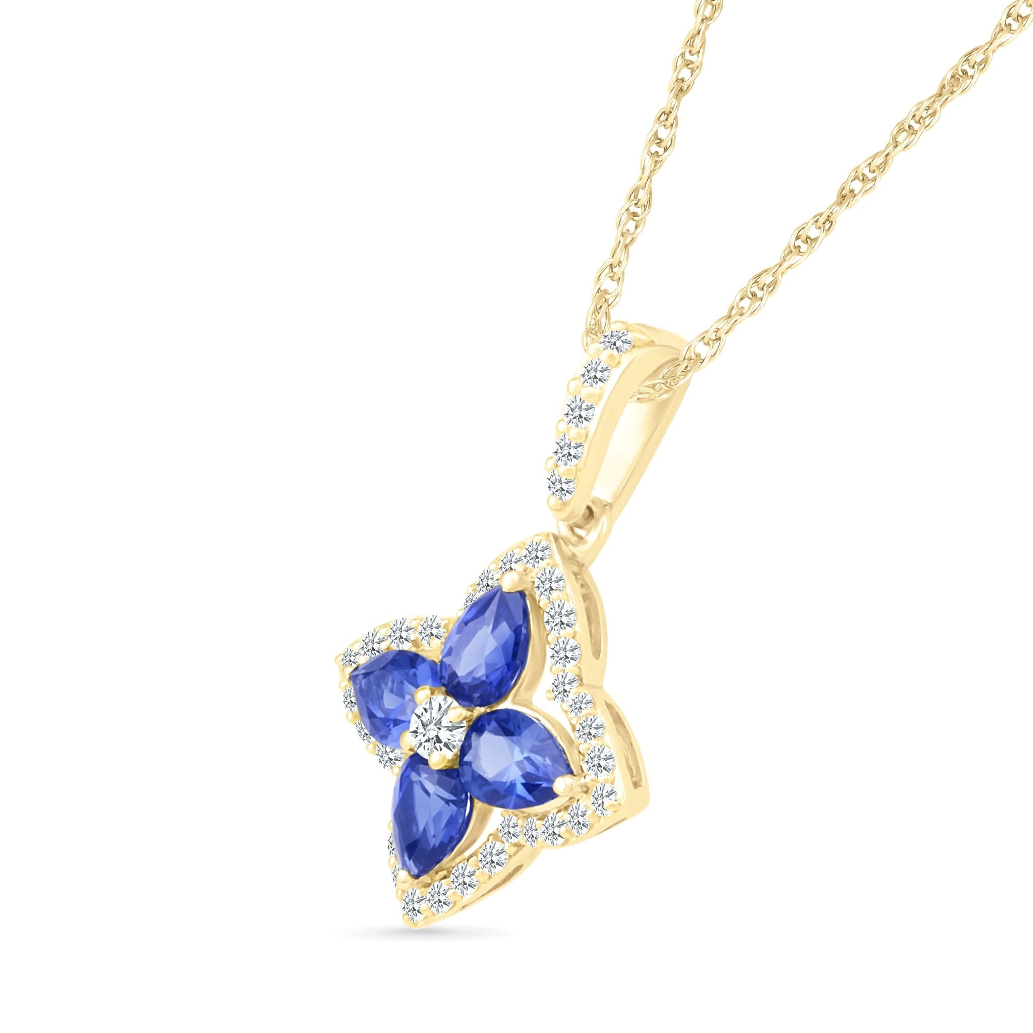 10k Yellow Gold Blue Sapphire Clover Pendant with White Sapphire Halo - Elegant Jewelry Gift for Women, Perfect for Birthdays, Anniversaries & Special Occasions