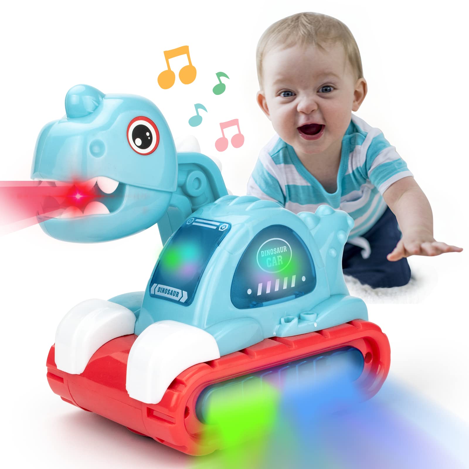UNIH Musical Dinosaur Crawling Car Toy with Lights & Sounds - Interactive Baby Developmental Toy for 6-18 Month Old Boys & Girls | Perfect for Sensory Play, First Birthday Gifts & Early Learning Activities