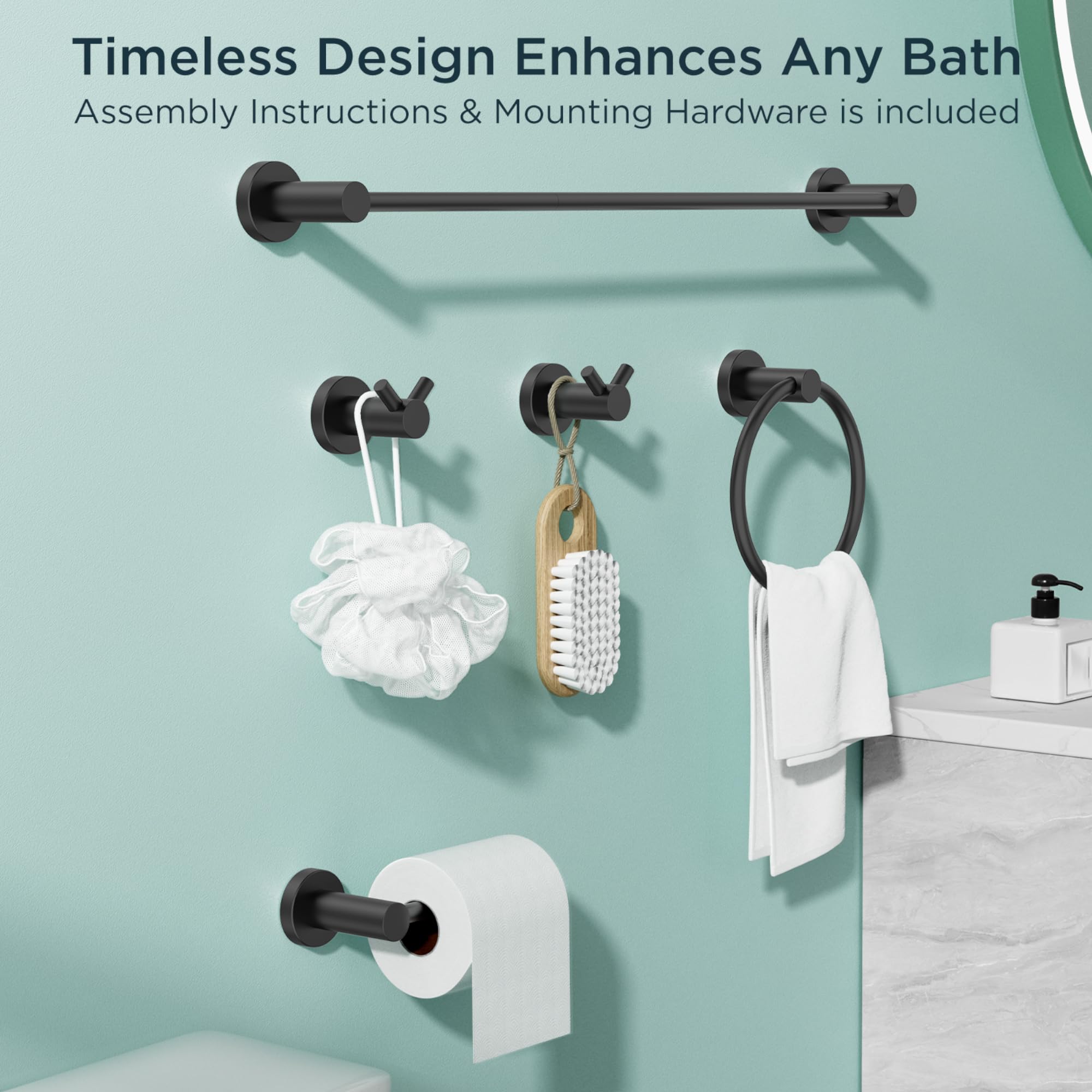 FORIOUS 8-Piece Bathroom Hardware Set - 24 Inch SUS304 Thickened Stainless Steel Towel Bar Holder, Modern Wall Mounted Towel Rack in Matte Black - Perfect for Bathroom, Spa & Guest Room Organization